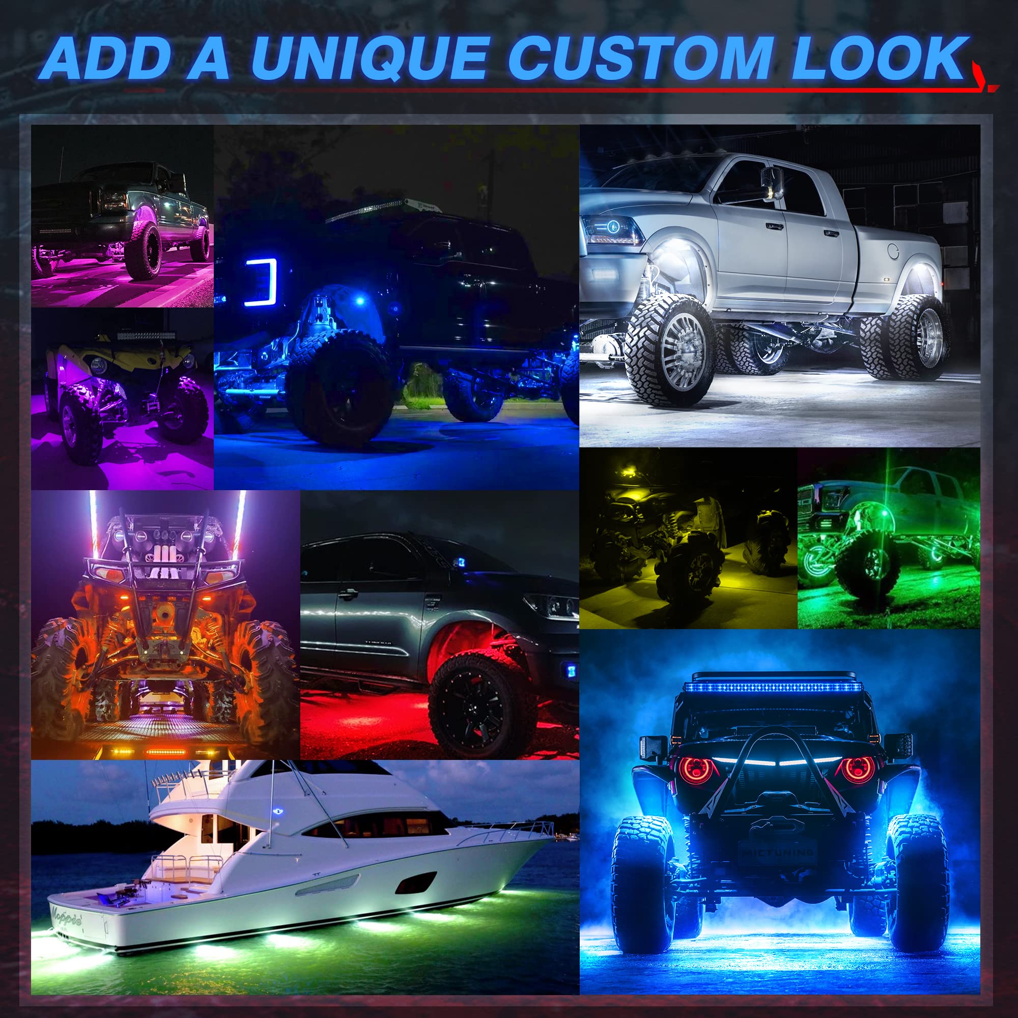 MICTUNING C1 8 Pods RGBW LED Rock Lights - Waterproof Multicolor Underglow Neon Light Kit with Bluetooth Controller & Music Sync for Trucks, Jeeps, ATVs - Perfect for Off-Roading, Car Shows & Night Driving