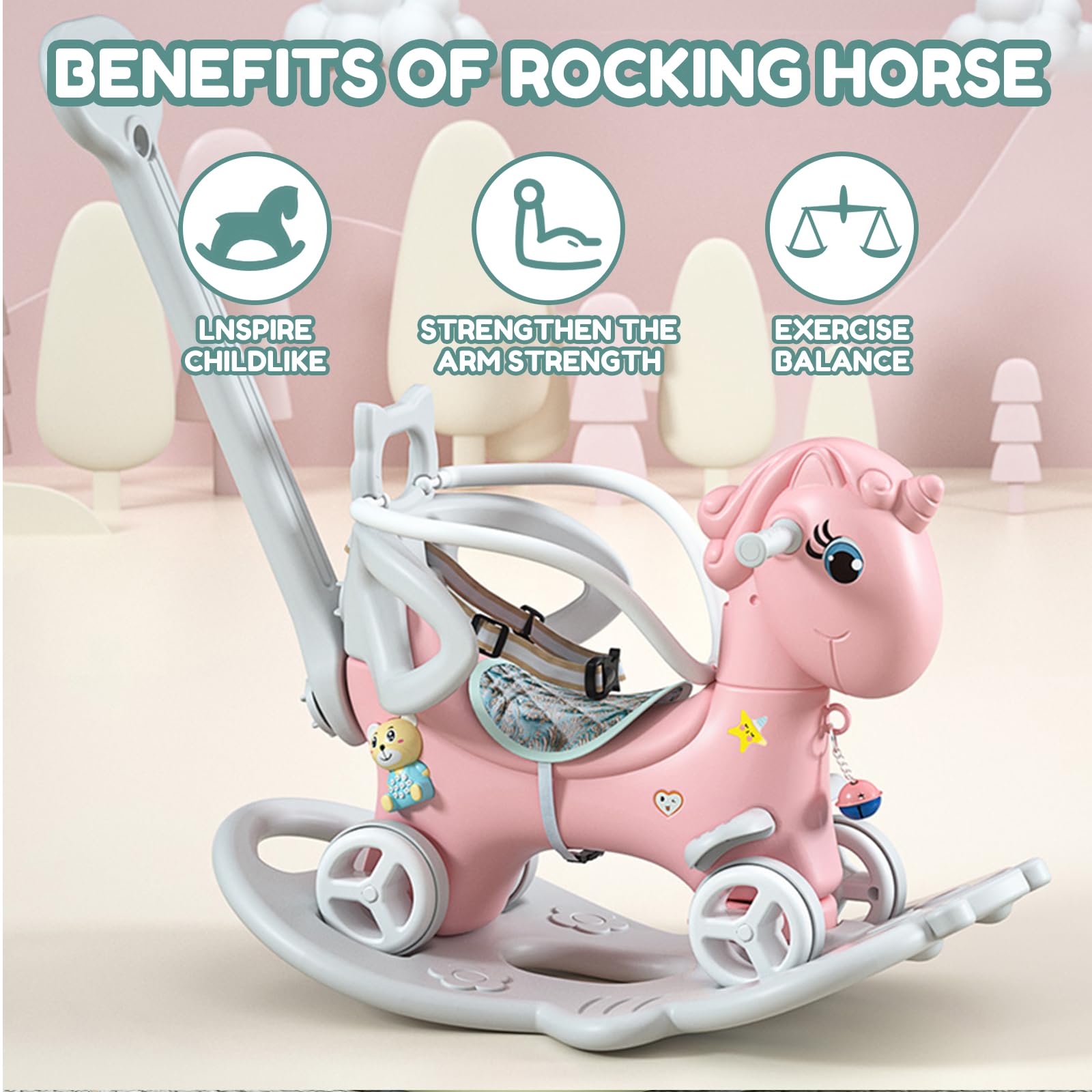 Wooden Rocking Horse for Toddlers 1-3 Years Old - Safe Baby Rocking Toy with Push Handle, Adjustable Backrest & Removable Balance Board - Perfect Riding Toy Gift for Boys & Girls - Ideal for Indoor Play, Nursery Decor, and Birthday Presents