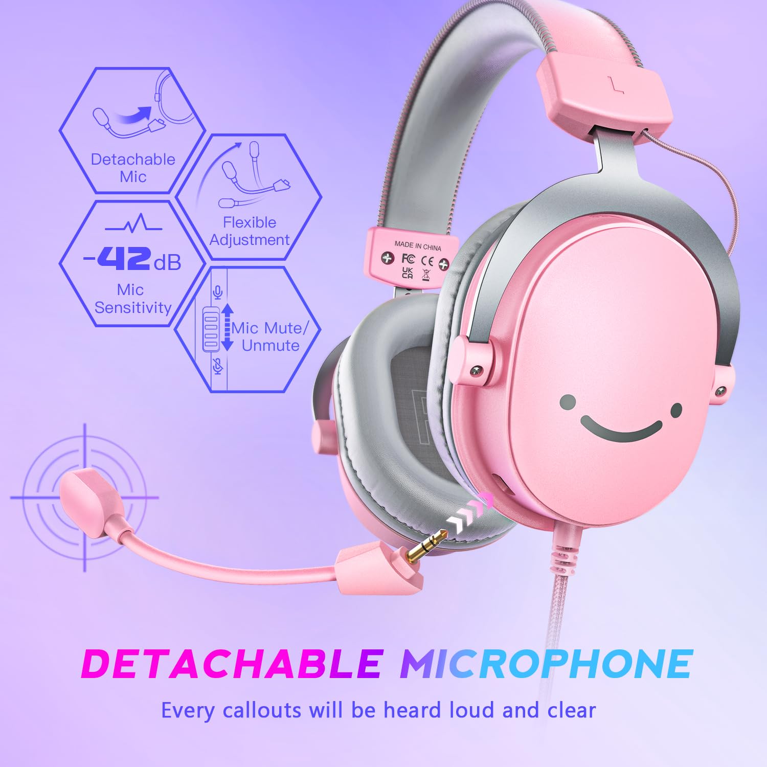 FIFINE USB Gaming Headset with Detachable Mic - 7.1 Surround Sound Wired Headphones for PC, PS5, Xbox & Switch - Over-Ear Noise Cancelling Headset with Volume Control (Pink) - Perfect for Live Streaming, Gaming & Online Classes