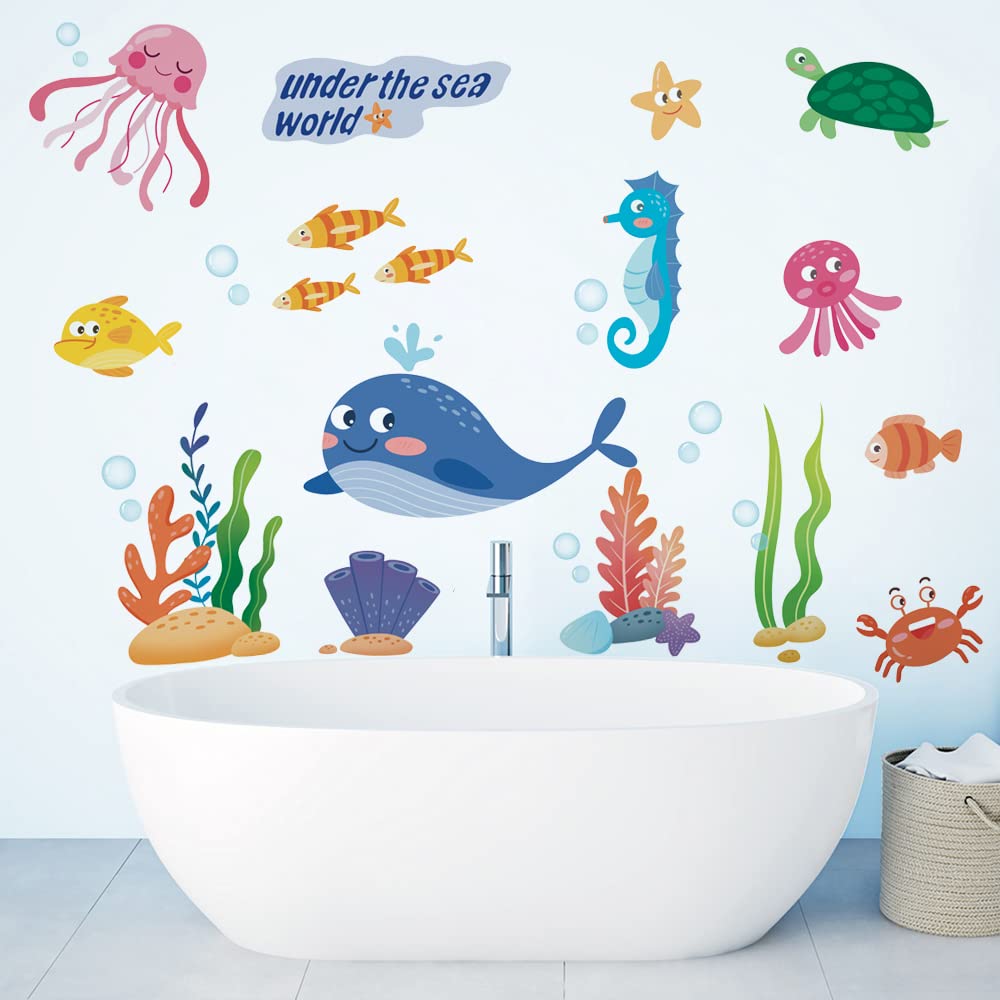 Runtoo Under The Sea Wall Stickers - Whale, Fish & Jellyfish Ocean Themed Wall Decals for Bathroom, Kids Bedroom & Baby Nursery Decor - Perfect for Underwater Theme Rooms & Play Areas