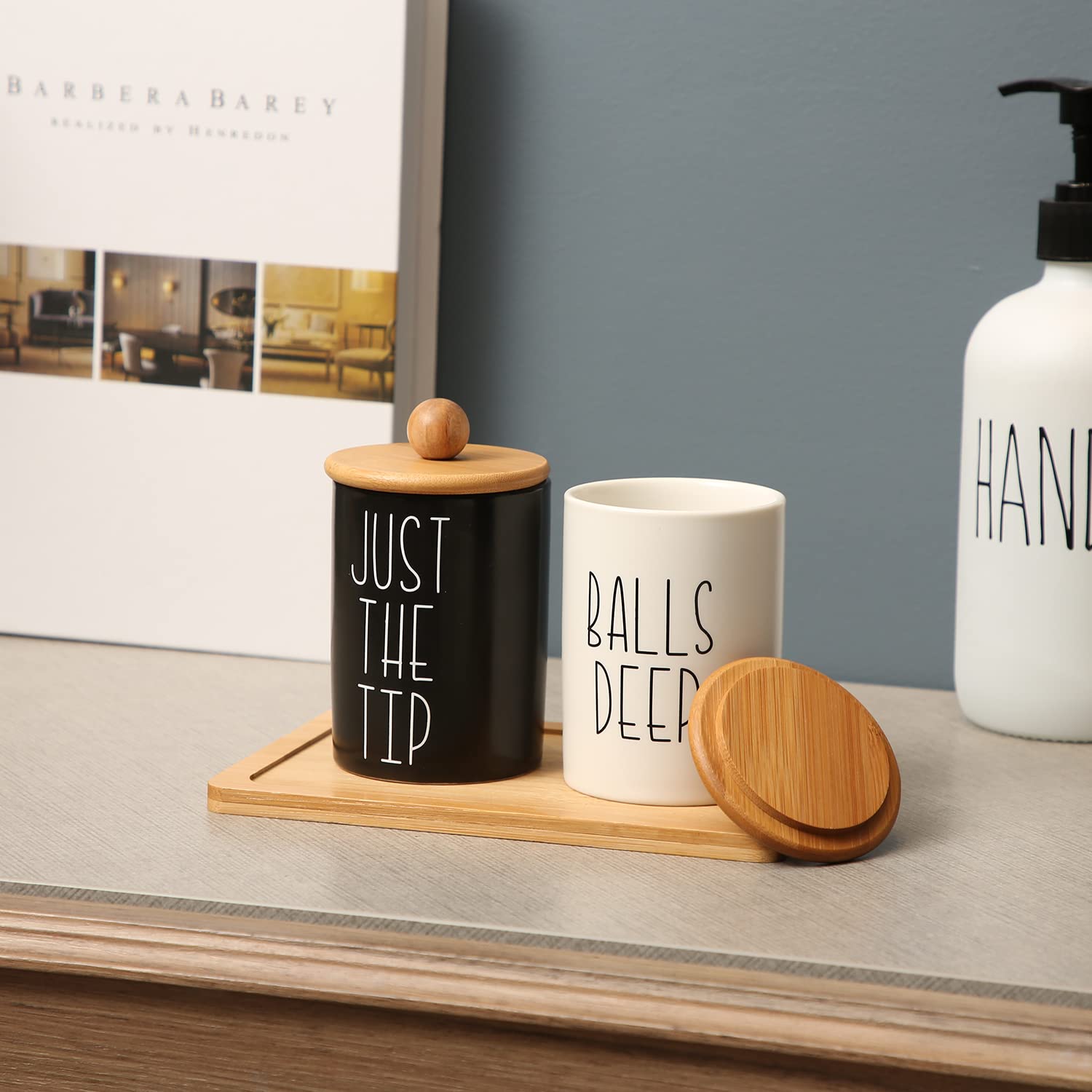 MOMEEMO Ceramic Apothecary Jars with Lids - Rustic Farmhouse Bathroom Storage Containers for Qtips, Cotton Balls & Beauty Essentials | Perfect for Vanity Organization, Spa Decor and Farmhouse Style Bathroom Accessories
