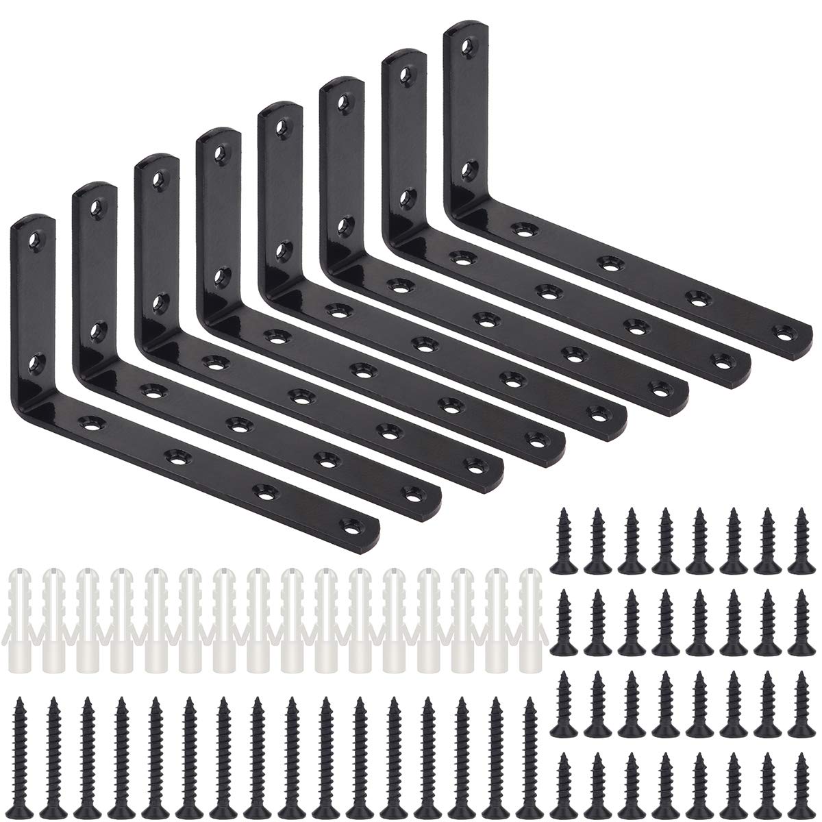 5 Inch X 3 Inch Heavy Duty Black Steel Corner Brackets - 8 Pack L-Shaped Shelf Braces for Furniture, Shelving & Cabinets - Right Angle Metal Hinges for Home, Office & Garage Storage Solutions
