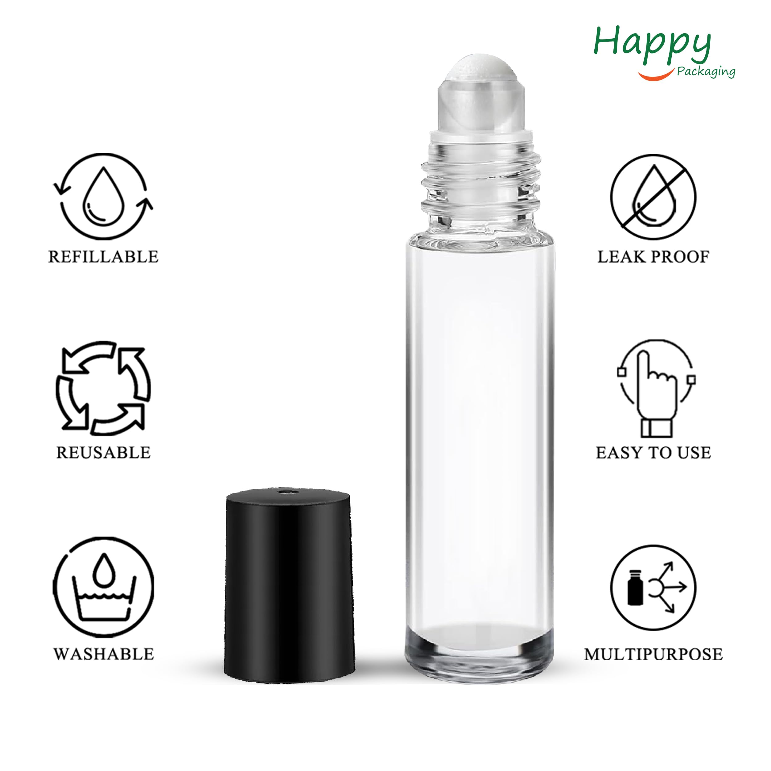 10ml Clear Glass Roll On Bottle with Plastic Roller & Black Cap - Essential Oils, Perfumes, Lip Balms - Refillable, Reusable, Leakproof (Pack of 3) | Perfect for DIY Aromatherapy, Travel Size Toiletries & Handmade Beauty Products