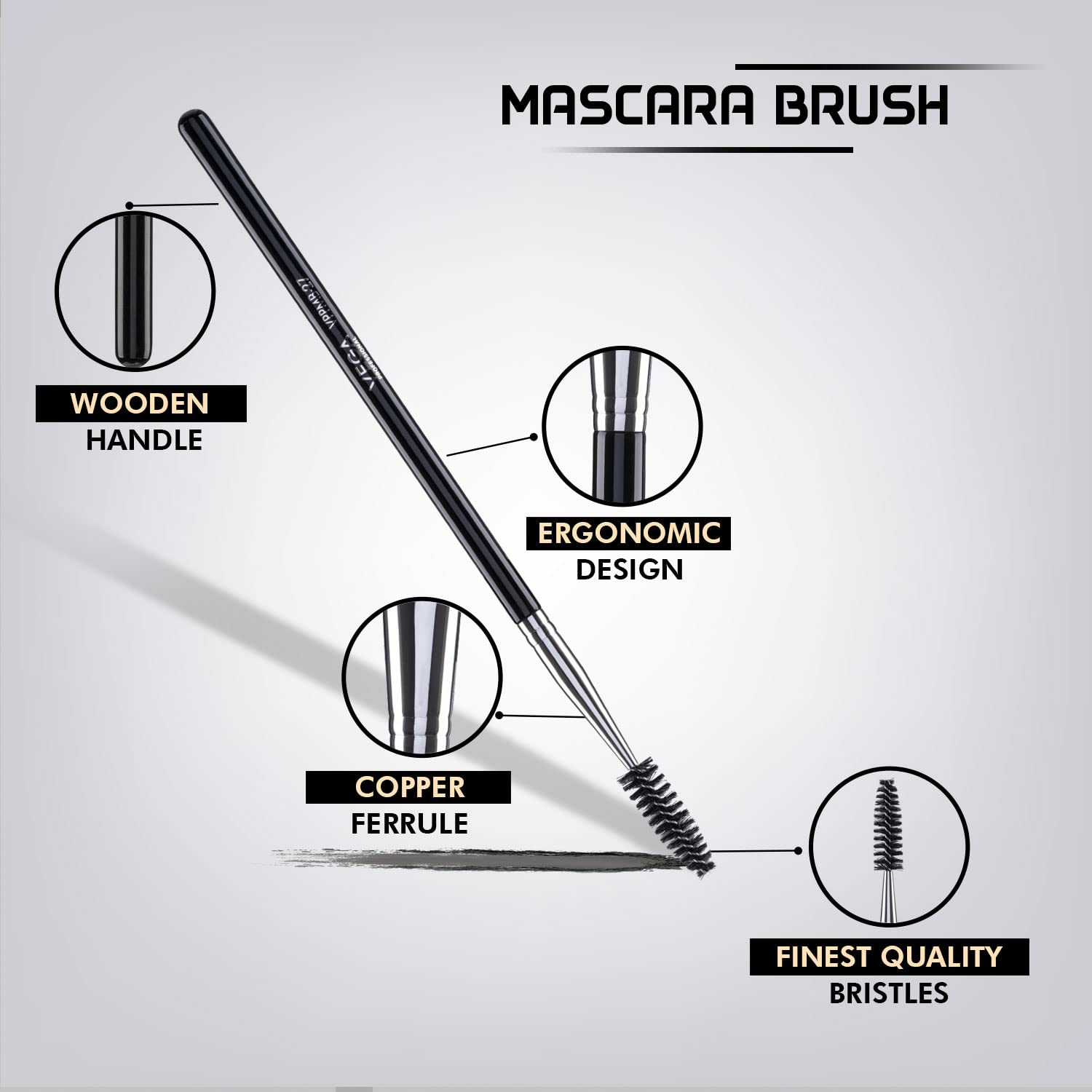 VEGA PROFESSIONAL Mascara Brush with Soft Bristles & Wooden Handle - VPPMB-27 Copper Furrele for Perfect Lash Application | Ideal for Makeup Artists & Home Beauty Routines