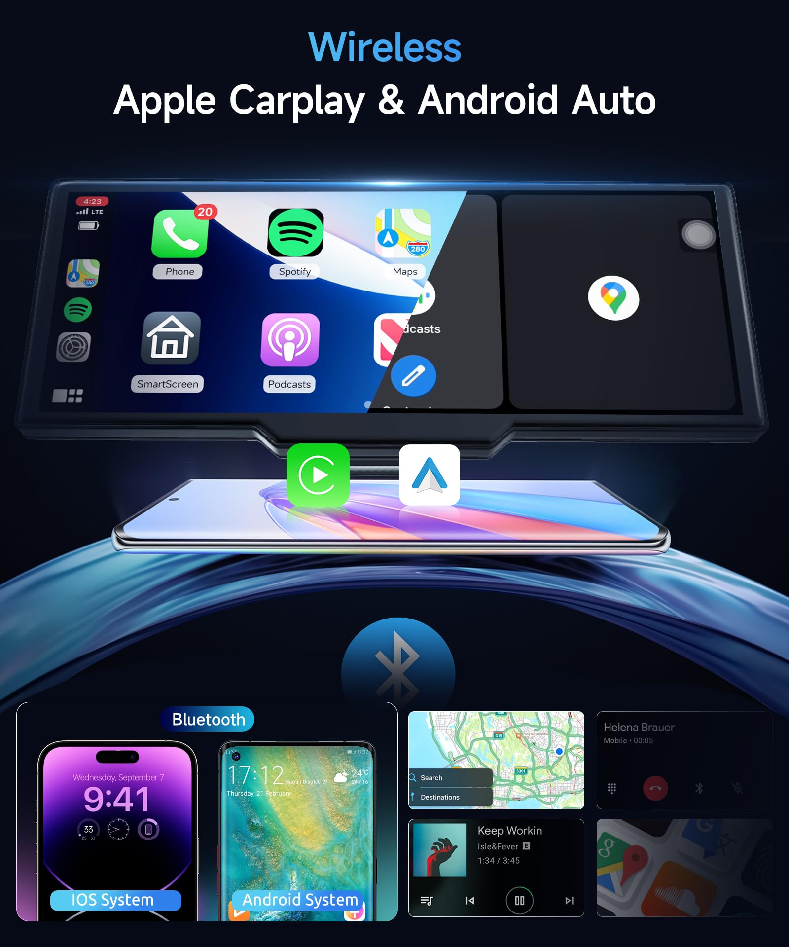 Rimoody 10.26 Inch Portable Car Stereo with Wireless CarPlay & Android Auto - Touchscreen Bluetooth Head Unit with Siri, Rear Backup Camera, Voice Control, TF Card Support (9V-36V) for Road Trips & Daily Commuting
