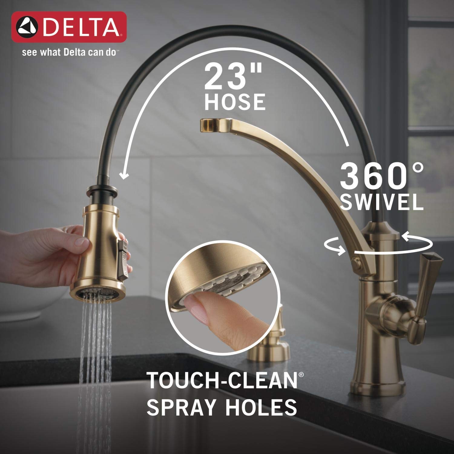 Delta Foundry Gold Kitchen Faucet with Pull Down Sprayer & Soap Dispenser - Champagne Bronze Stainless Steel Sink Faucet 19744Z-CZSD-DST | Perfect for Modern Farmhouse & Luxury Kitchen Renovations