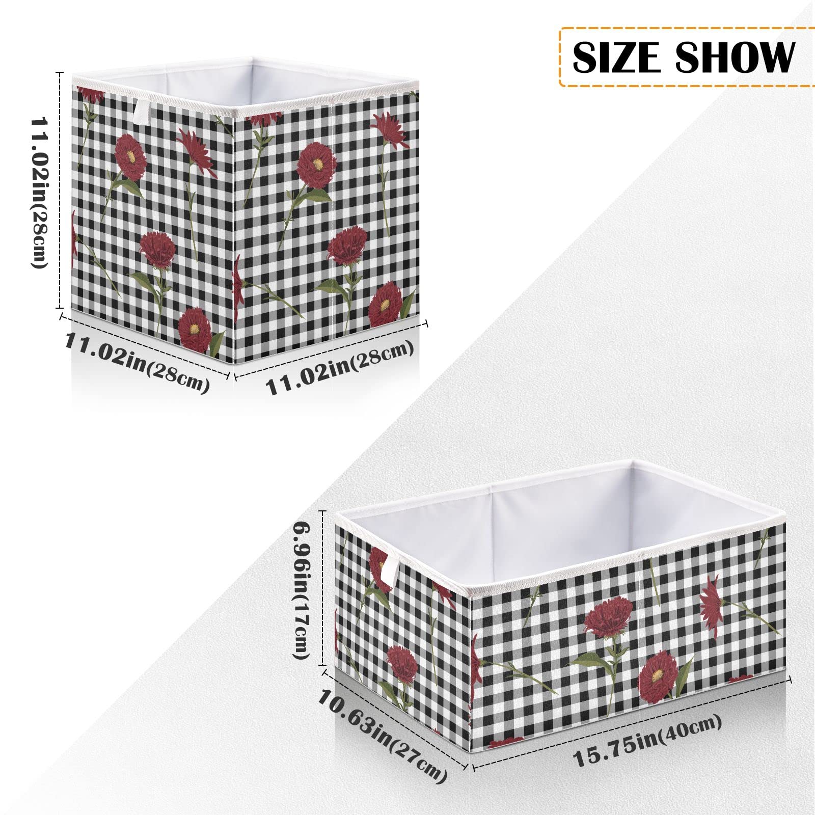 Floral Red Black White Plaid Foldable Collapsible Storage Baskets - 16 x 11 Inch Organizer Bins for Shelves, Closet, Pantry & Nursery | Perfect for Toys, Home Organization & Space Saving