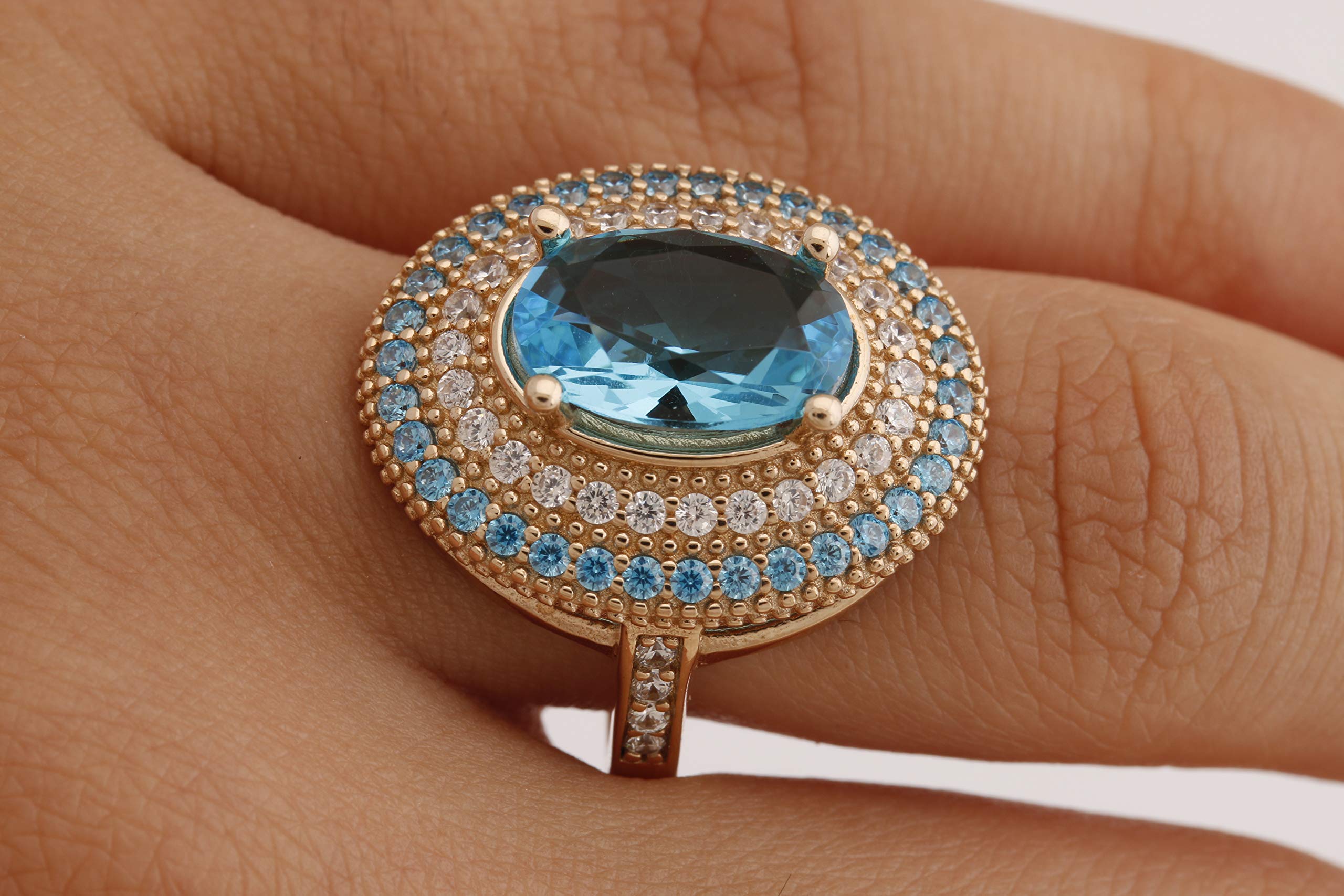 Handmade Turkish 925 Sterling Silver Ring with London Blue Topaz & Round Cut Topaz - Oval Shape Jewelry for Women - Perfect for Weddings, Parties & Everyday Wear (All Sizes Available)