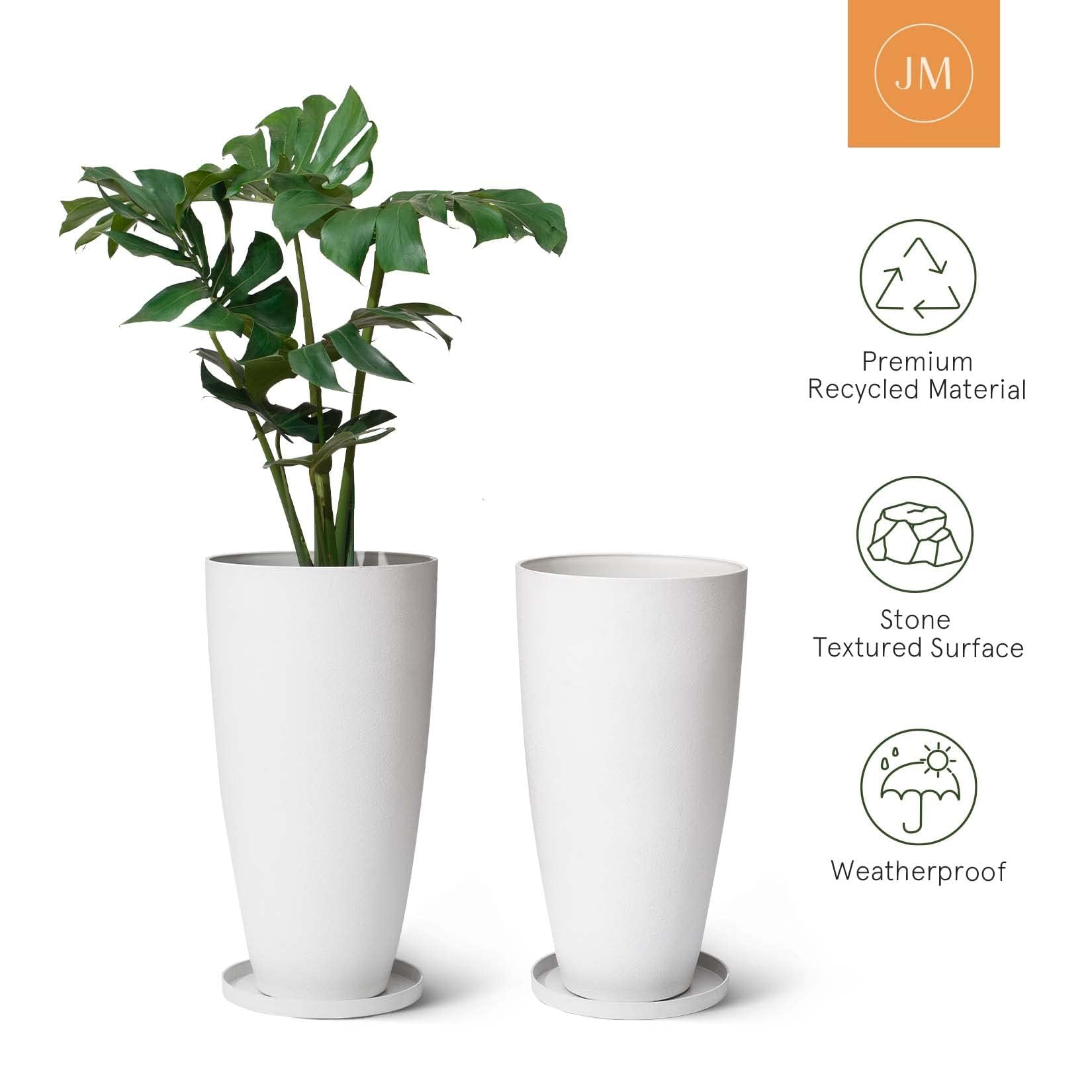 LA Jolie Muse 20 Inch Tall White Planters Set of 2 - Modern Indoor/Outdoor Round Flower Pots with Drainage Holes & Shelf Inset - Perfect for Front Door Decor, Balcony Gardening, Patio Plants & Home Office Greenery