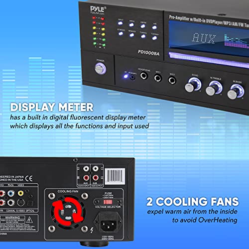 Pyle 4-Channel 1000W Bluetooth Power Amplifier - Wireless Home Audio Receiver with FM Radio, USB, CD/DVD Player, 2 Mic Inputs with Echo, Headphone Jack & LED Display - Perfect for Home Theater, Karaoke, DJ Setup & Live Performances