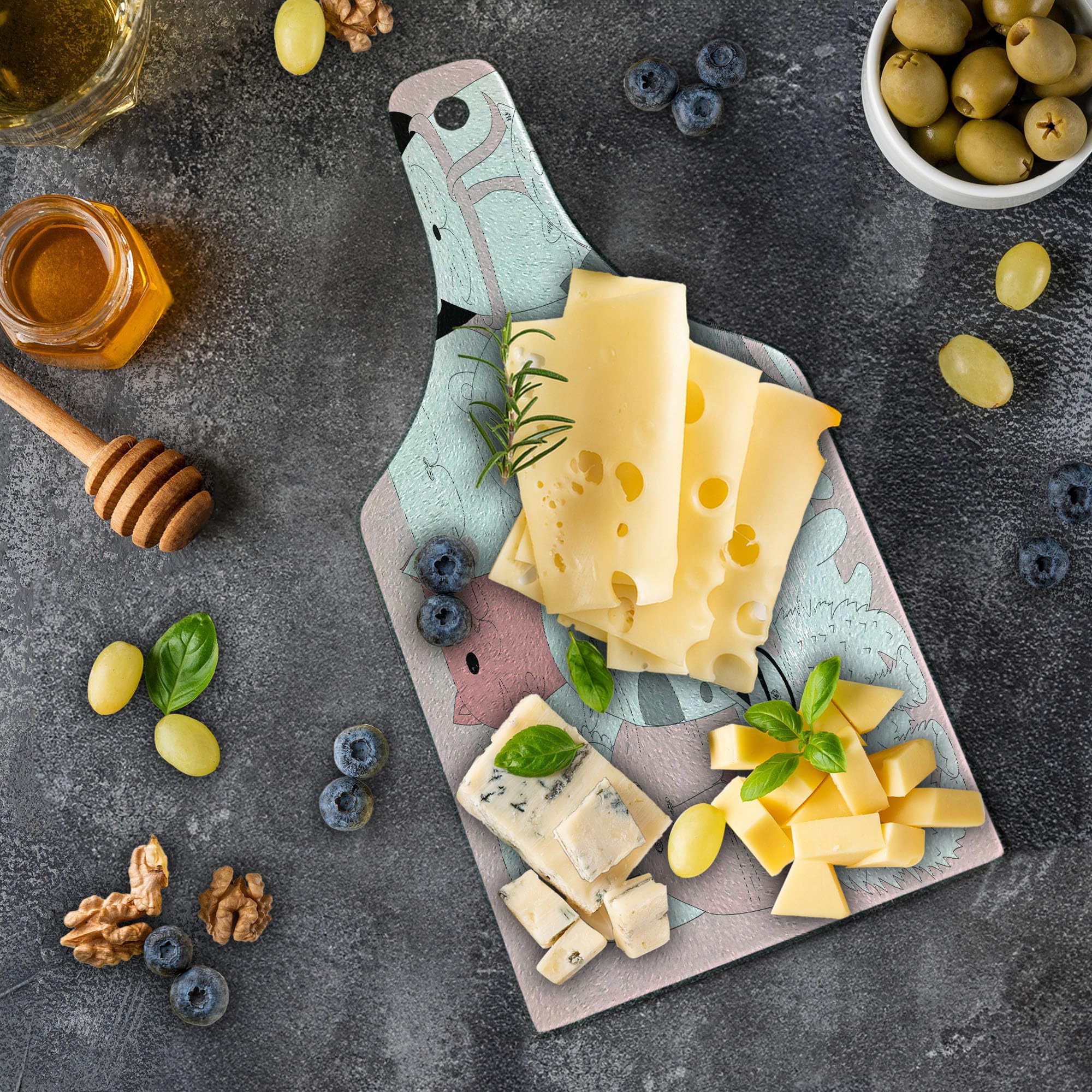 Ambesonne Cat-Themed Tempered Glass Cutting Board - Cute Cartoon Kittens with Funny Smiling Glasses & Scarves Doodle Design - Decorative Serving Board for Kitchen, Cheese, Charcuterie - Wine Bottle Shape in Pale Pink, White & Black - Perfect for Entertaining, Housewarming Gifts & Cat Lovers