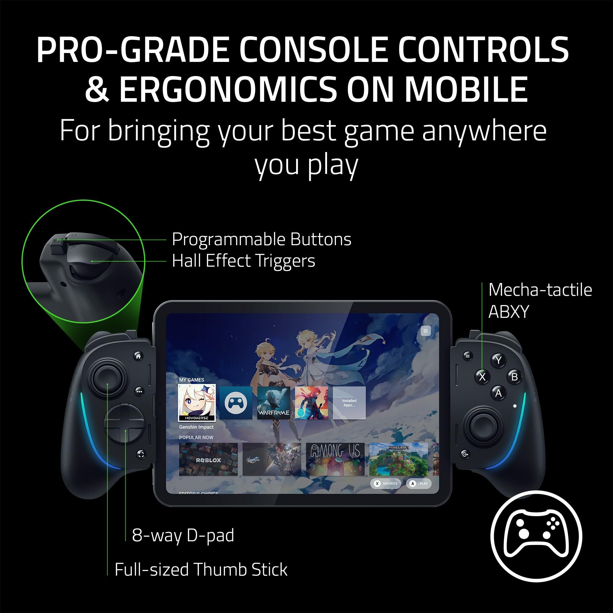 Razer Kishi Ultra Mobile Gaming Controller for Android & iPhone 15/16 Series | Compatible with iPad Mini A17 Pro & 6 (USB-C) | Pro-Level Controls with Ergonomic Grip | Stream PC/Xbox/PS5 Games on Phone/Tablet | Chroma RGB Lighting | Perfect for Cloud Gaming & Mobile Esports