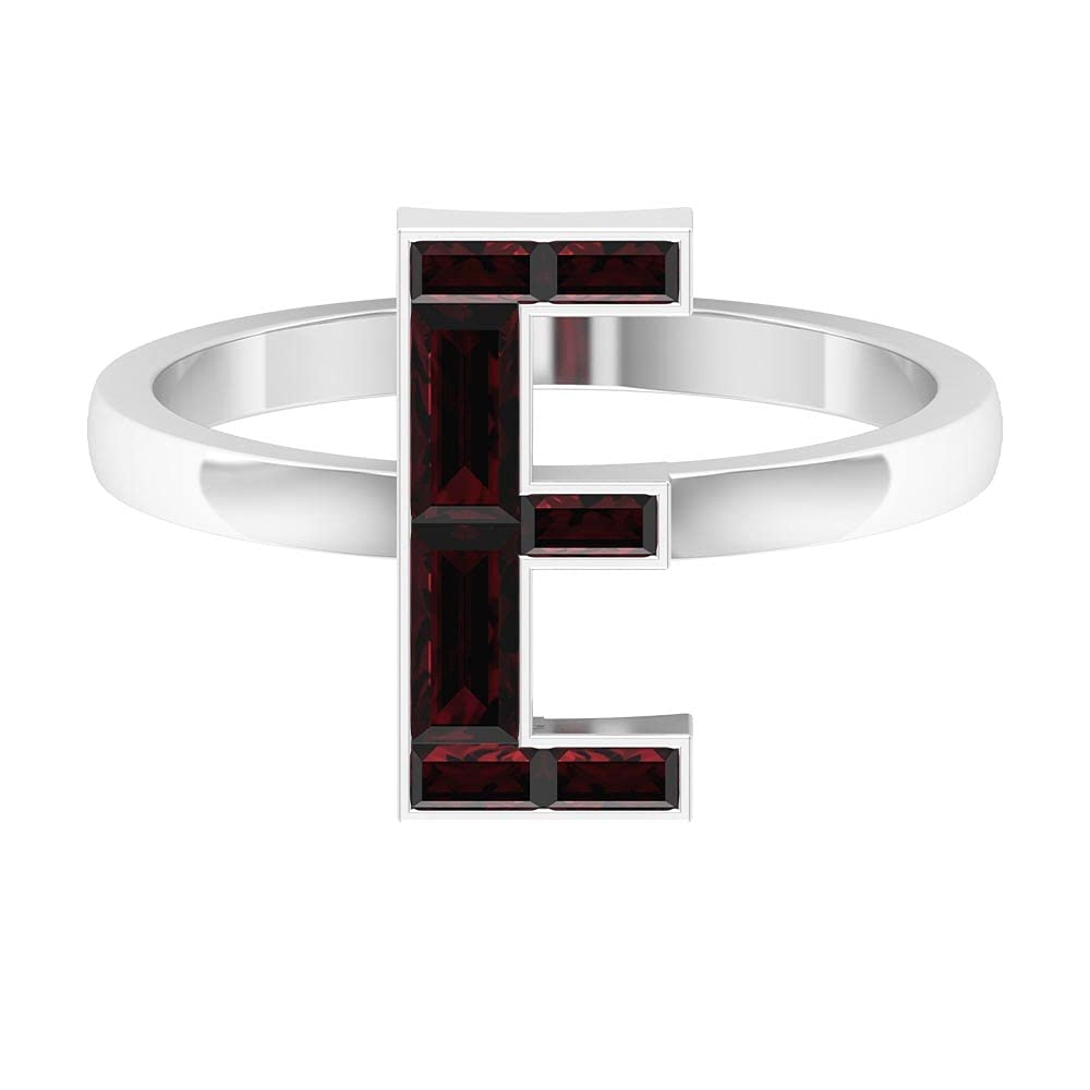 14K White Gold Garnet Initial Rings A-Z | Alphabet Letter Rings with Baguette & Channel Set Garnets | Perfect for Personalized Gifts, Birthdays & Anniversary Jewelry