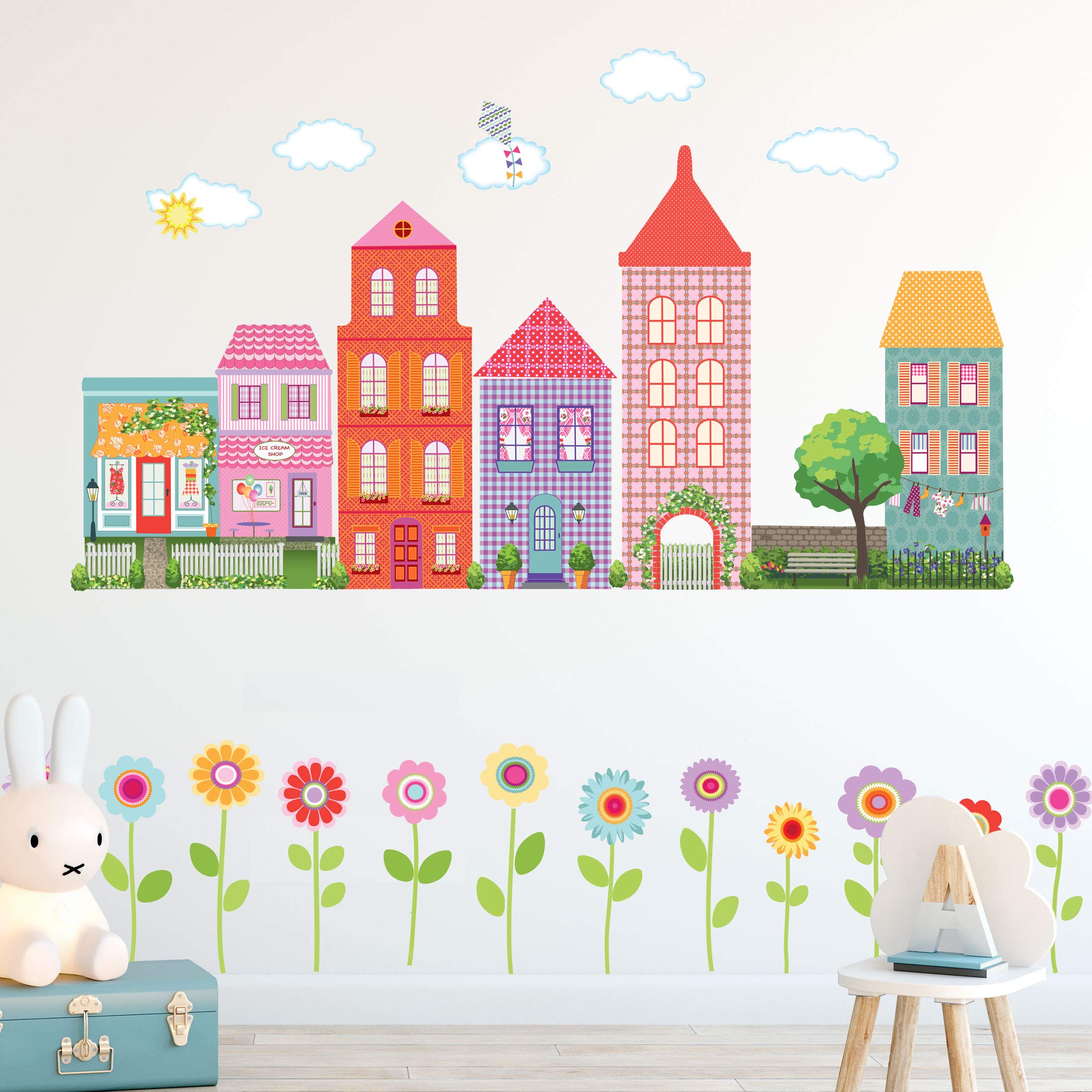Girl's Dollhouse Town Wall Decals with Flower Border - Eco-Friendly Removable Wall Stickers for Kids Room, Nursery & Playroom Decor - Cityscape & Floral Wall Art for Girls Bedroom
