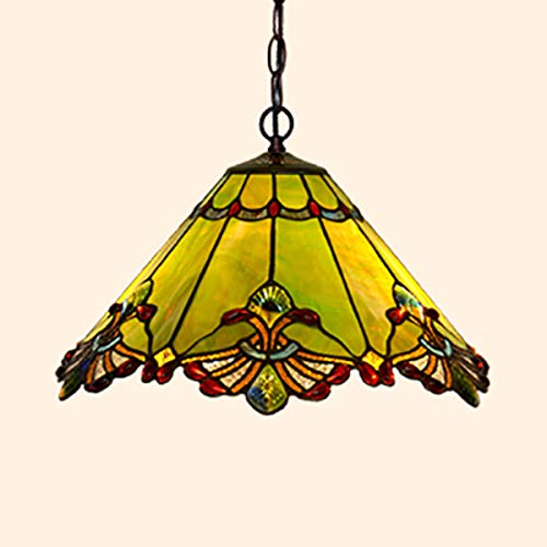 Vintage Tiffany Style Stained Glass Cone Pendant Light - 2-Light Antique Ceiling Lamp for Dining Room, Restaurant & Study - Green Glass Art Deco Hanging Light (17.3