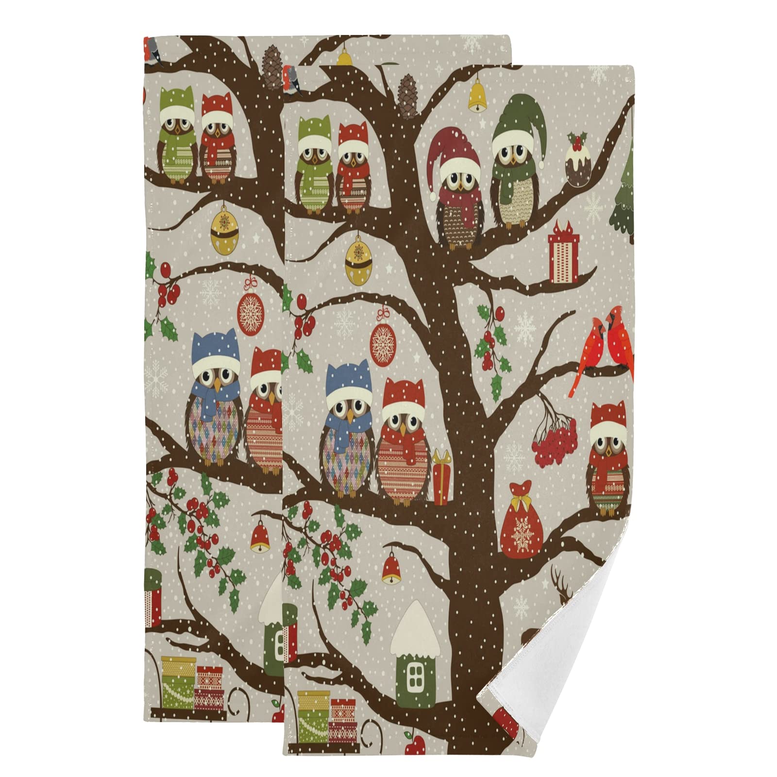 VIGTRO Winter Tree Owl Kitchen Hand Towels 2 Pack - Ultra Soft & Absorbent Cute Bird Snowflake Decorative Fingertip Towels for Home, Bathroom, Hotel - Perfect for Holiday Decor & Cozy Kitchen Use