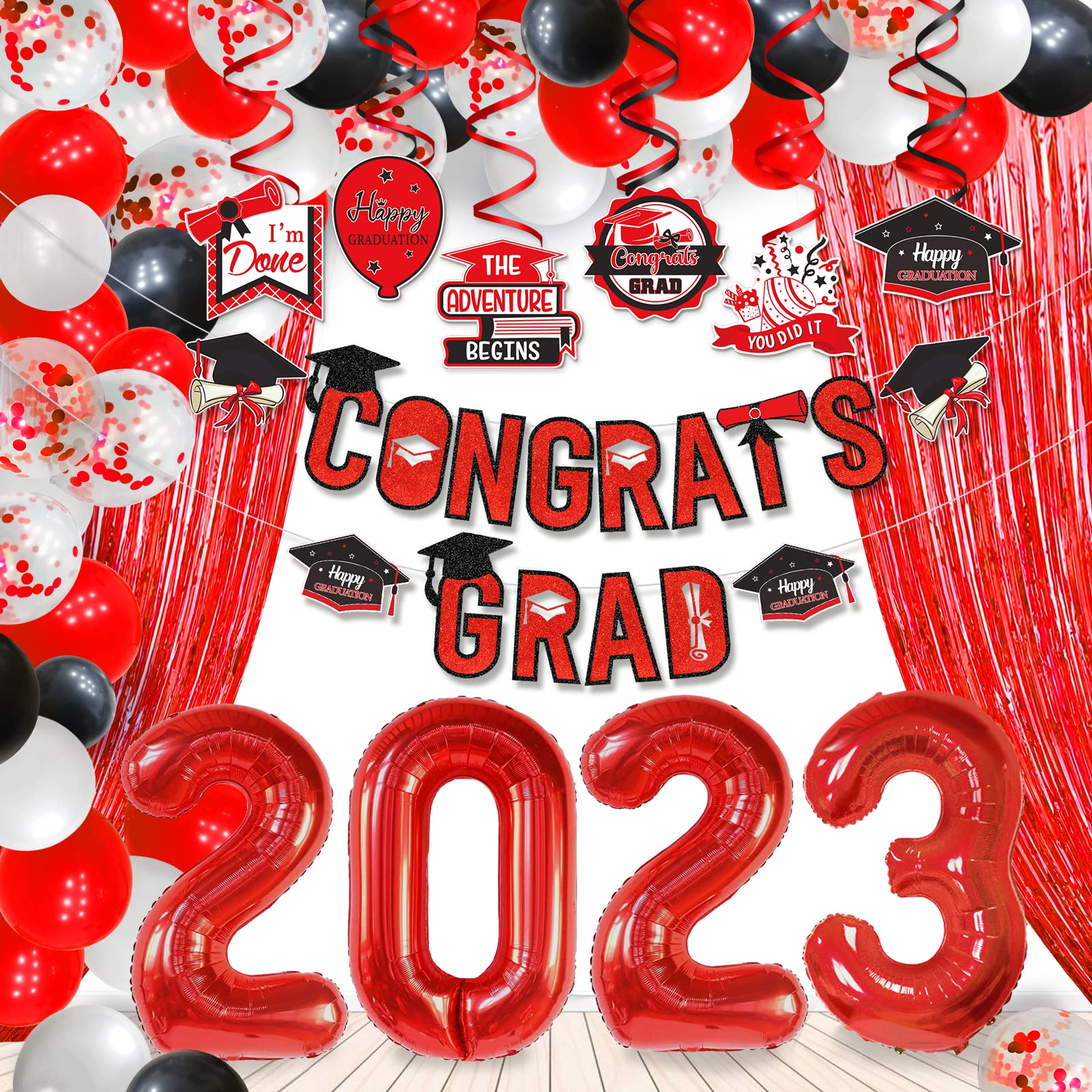 2023 Graduation Decorations Set - Red & Black Congrats Grad Banner, College Party Supplies for Class of 2023 | Perfect for Graduation Ceremony Decor, Graduation Party Backdrop & Photo Booth Props