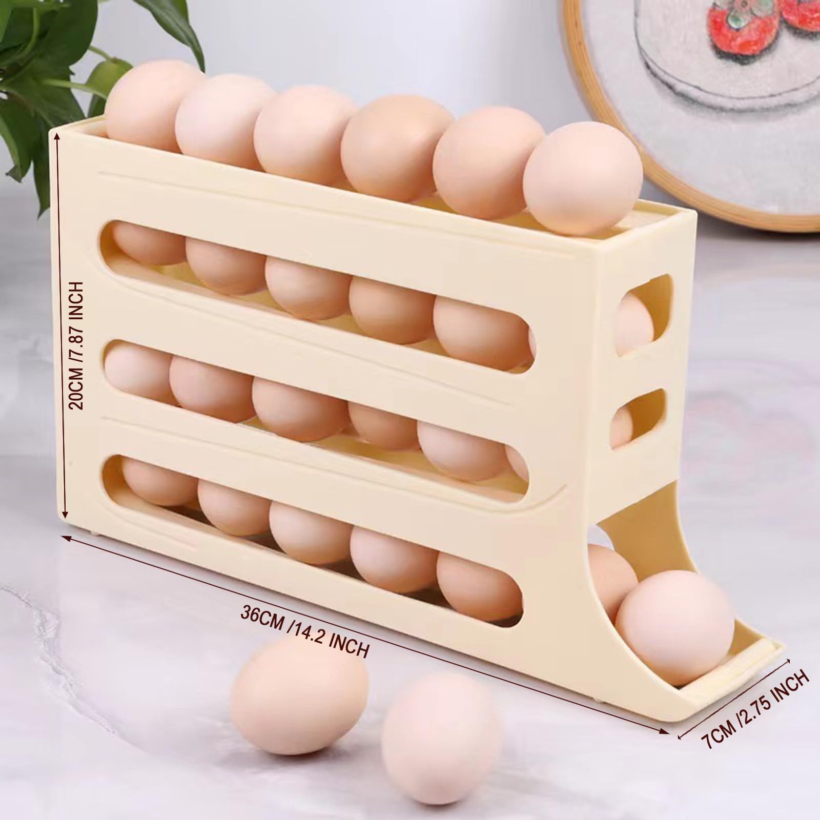 4-Tier Auto Rolling Fridge Egg Organizer - Space Saving Refrigerator Egg Holder & Dispenser - Yellow - Perfect for Kitchen Organization & Easy Breakfast Prep