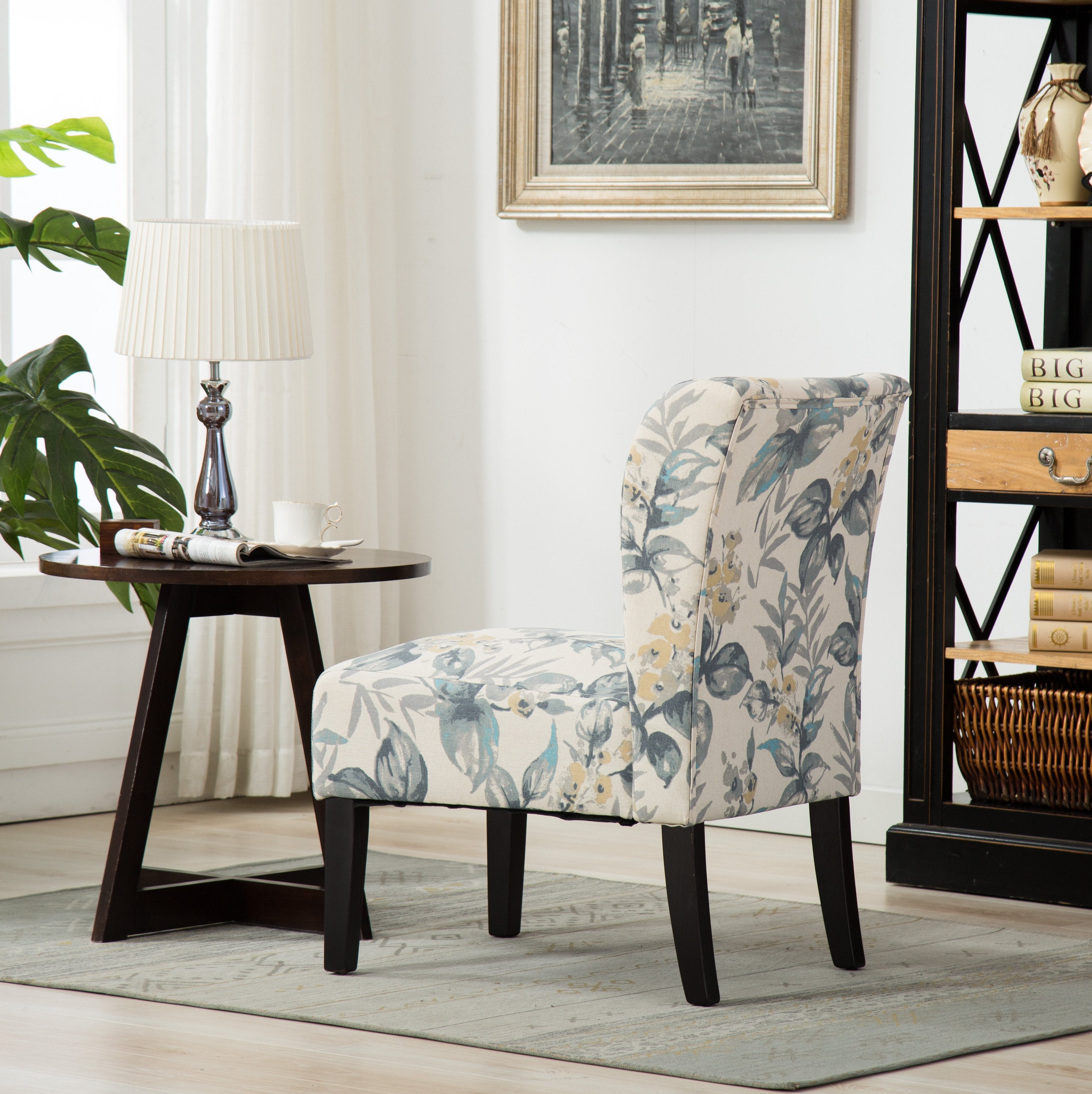 Roundhill Furniture Capa Fabric Armless Contemporary Accent Chair - Blue Leaves Design, Modern Living Room Chair for Home Office, Lounge, or Reading Nook