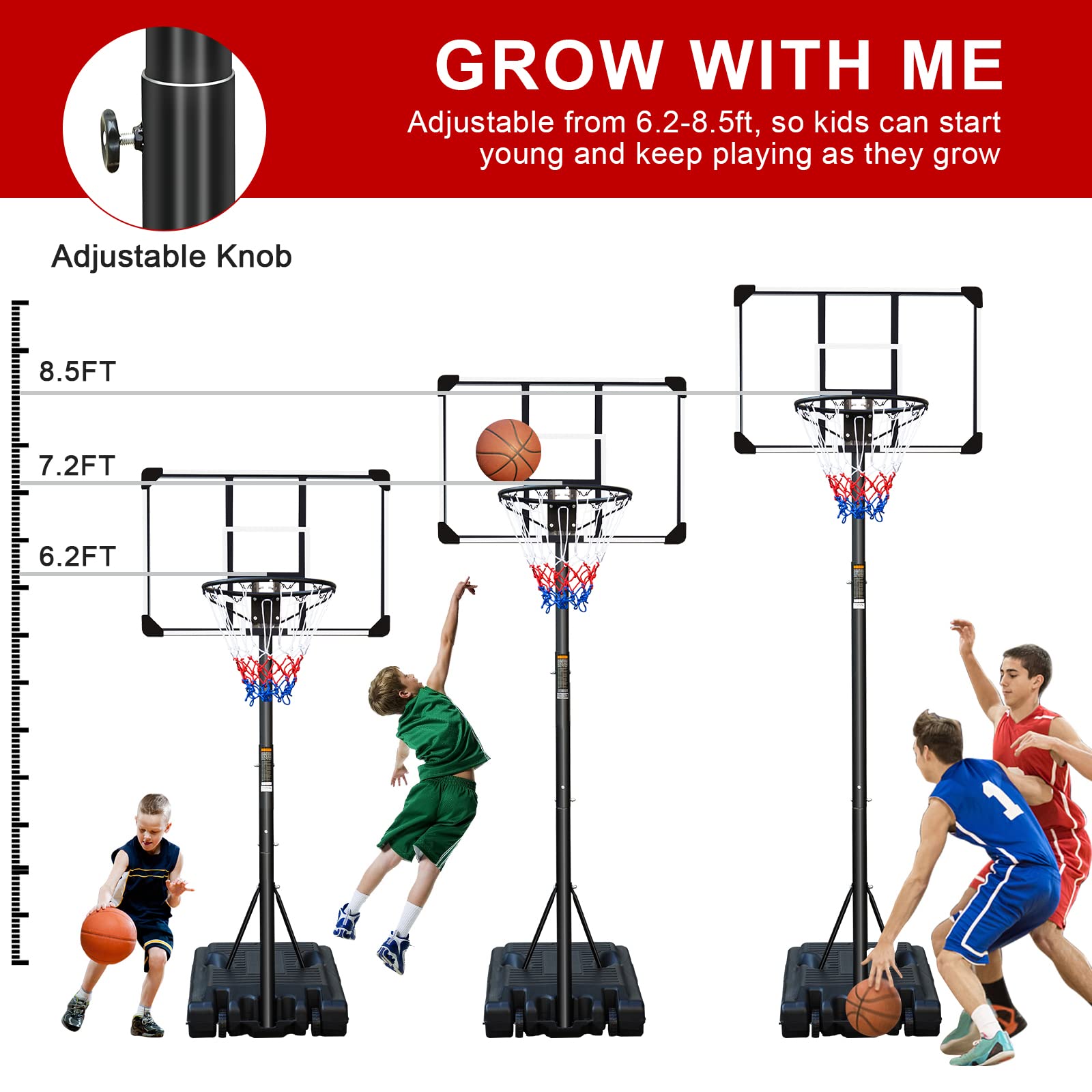 Adjustable Portable Basketball Hoop Stand for Youth & Teens - 6.2ft to 9.2ft Height Range with Transparent Backboard & Wheels - Indoor Outdoor Basketball Goal System for Driveway, Backyard, Gym & Playground