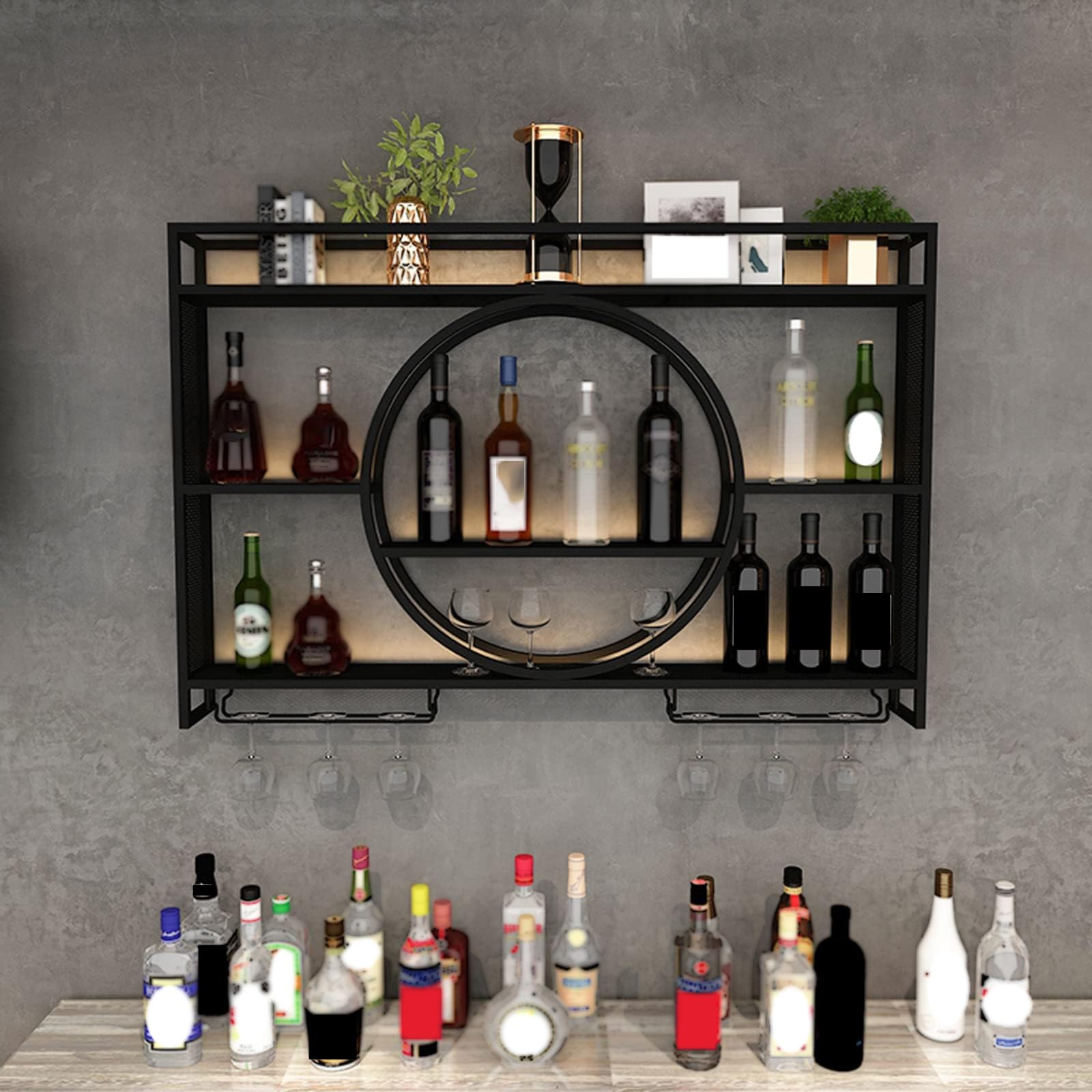 Wall Mounted Wine Rack - 3-Tier Large Capacity Metal Hanging Wine Storage Shelf with Glass Holder - Round Design for Kitchen, Living Room, Home Bar - Perfect for Entertaining Guests & Displaying Your Wine Collection (Black, 39.3 Inch/100cm)