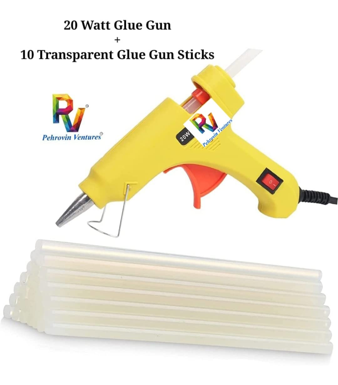 Pehrovin Ventures 20W Yellow Hot Melt Glue Gun Kit with 10 Clear 7mm Glue Sticks for Arts & Crafts, DIY Projects, Home Decor, Jewelry Making - Perfect for Rakhi Making, School Projects & Home Repairs