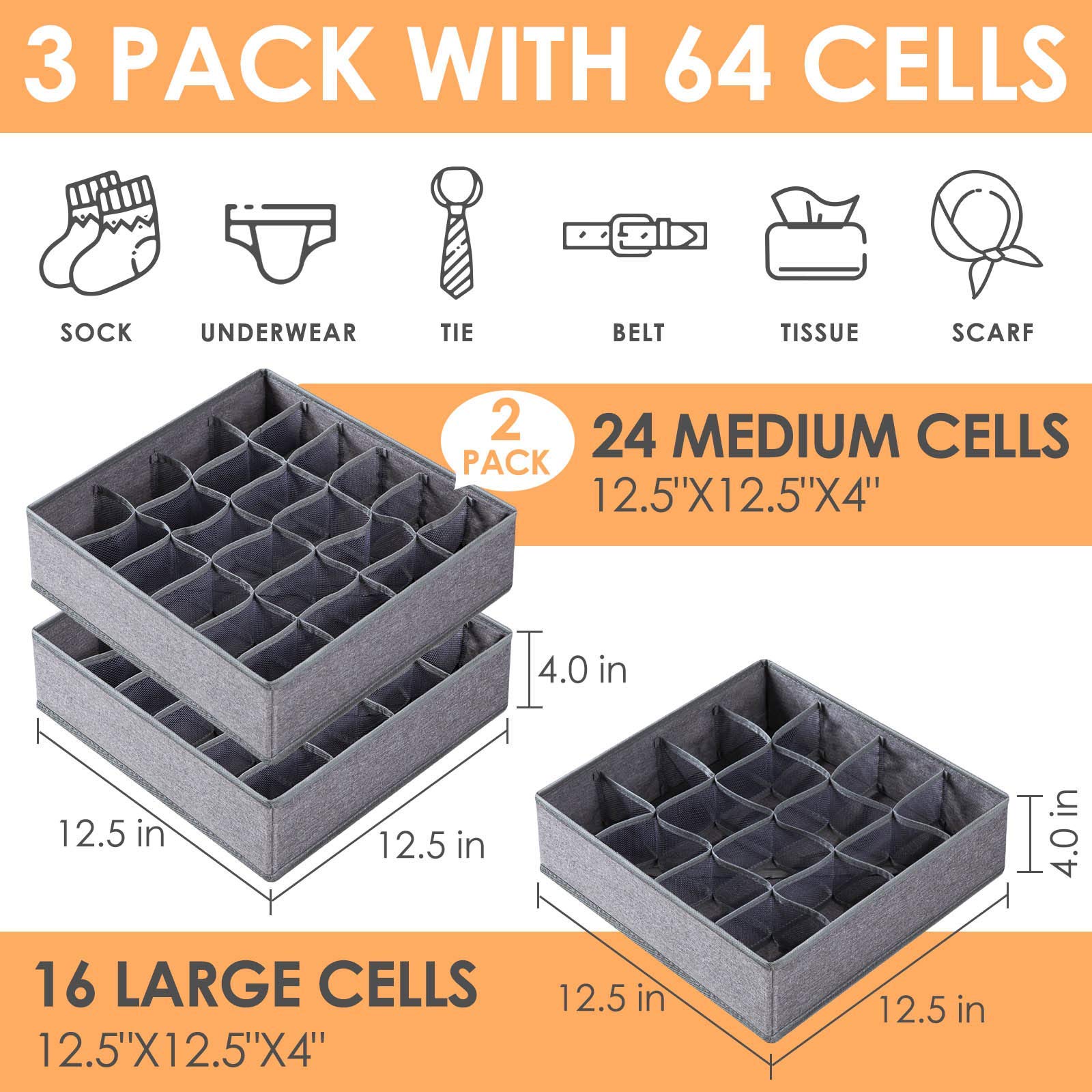 8-Pack 11-Inch Fabric Storage Cubes & 3-Pack Sock Underwear Drawer Organizers - Closet Organization Solutions for Bedroom, Nursery, and Office Storage Needs