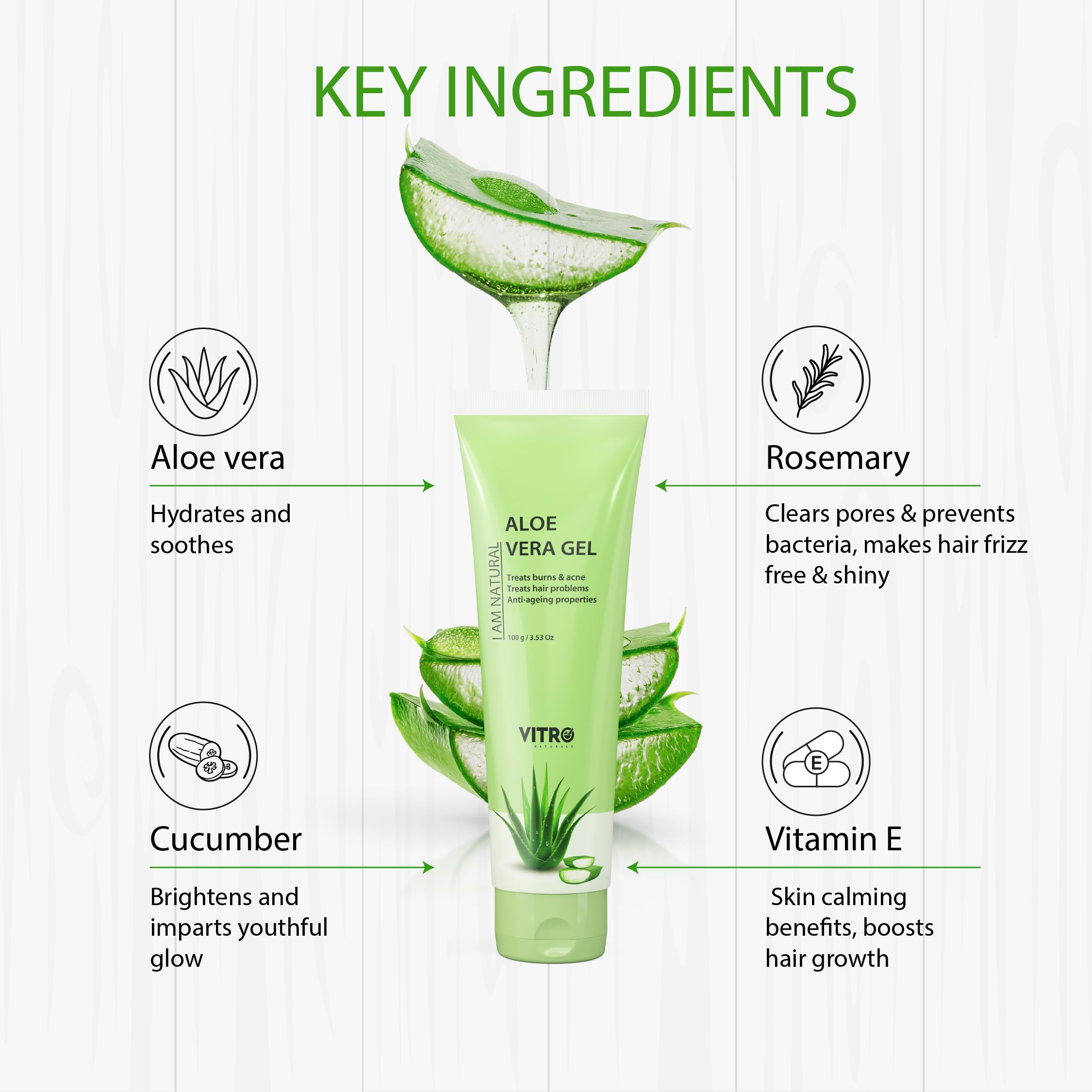 Organic Aloe Vera Gel for Face, Skin & Hair Care - Vitamin E, Rosemary & Cucumber Extract - 100ml - Hydrating Moisturizer for Sunburn Relief, Acne Treatment & Hair Growth - Perfect for Daily Skincare Routine & After Sun Care