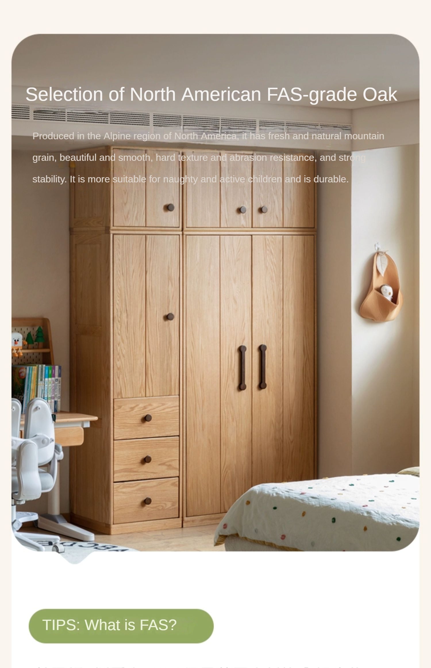 Solid Oak Wood Kids Wardrobe - Durable & Stylish Children's Closet Organizer for Bedroom, Nursery, or Playroom Storage