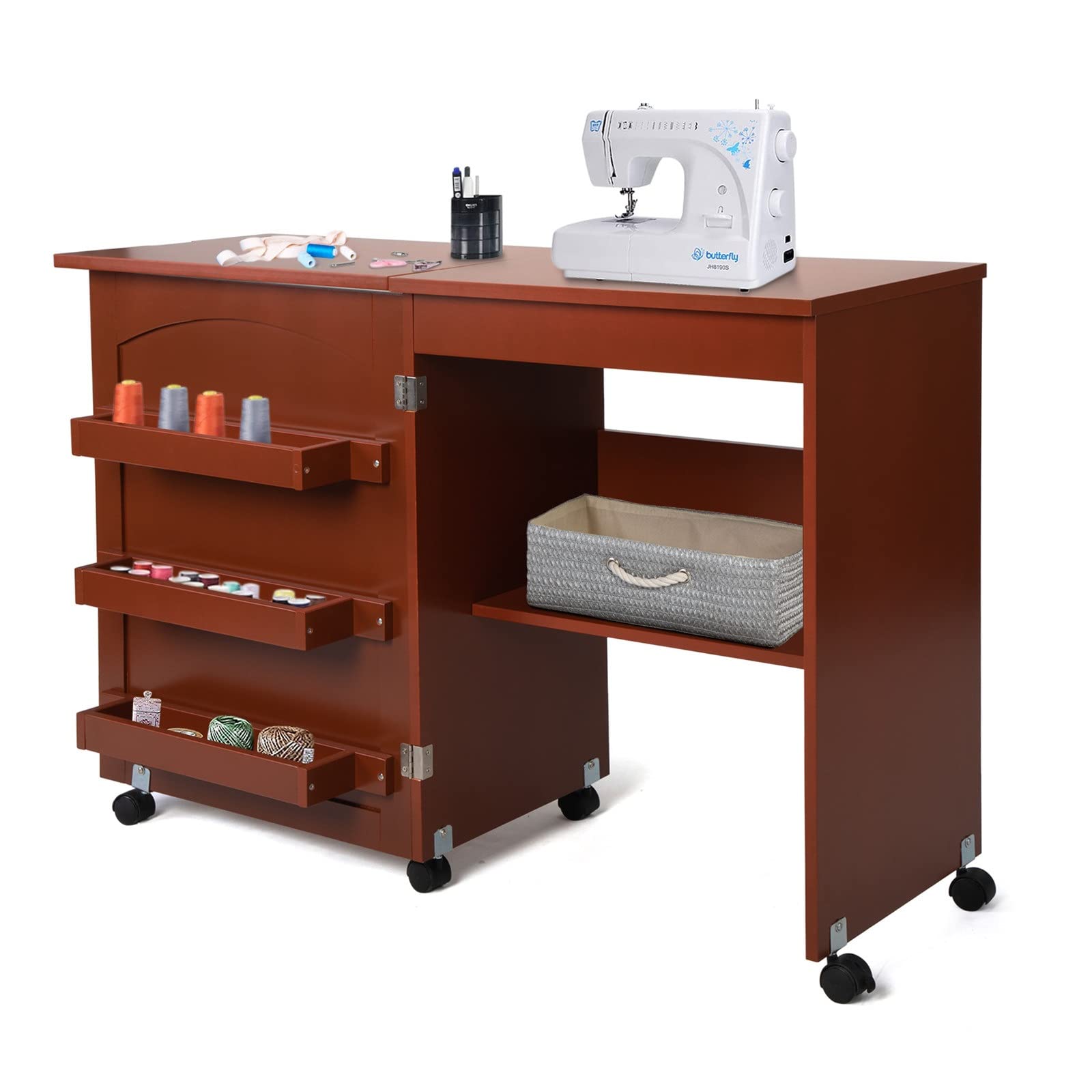 DAMML Folding Sewing Table with Storage Shelves - Multifunctional Sewing Machine Cart, Portable Rolling Craft Cabinet, Lockable Casters Work Desk (Brown) - Perfect for Home Sewing Projects, Quilting, Crafting & Computer Work