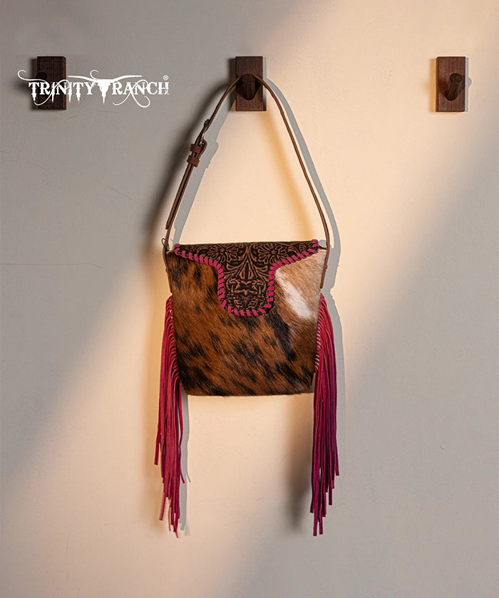 Trinity Ranch Genuine Hair-On Cowhide Tooled Western Shoulder Bag - Perfect for Rodeo, Country Music Festivals & Cowgirl Fashion