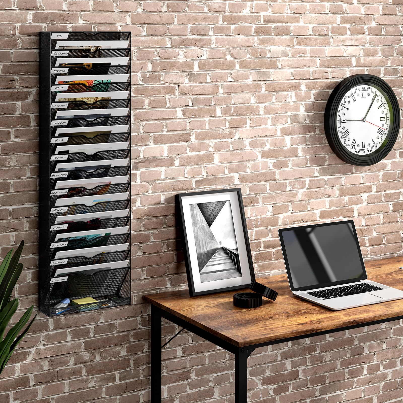 16-Pocket Mesh Wall File Holder - Metal Hanging File Organizer for Office & Home - Black Wall-Mounted Mail & Document Storage - Perfect for Office Organization, Classroom Supplies, and Home Office Decor