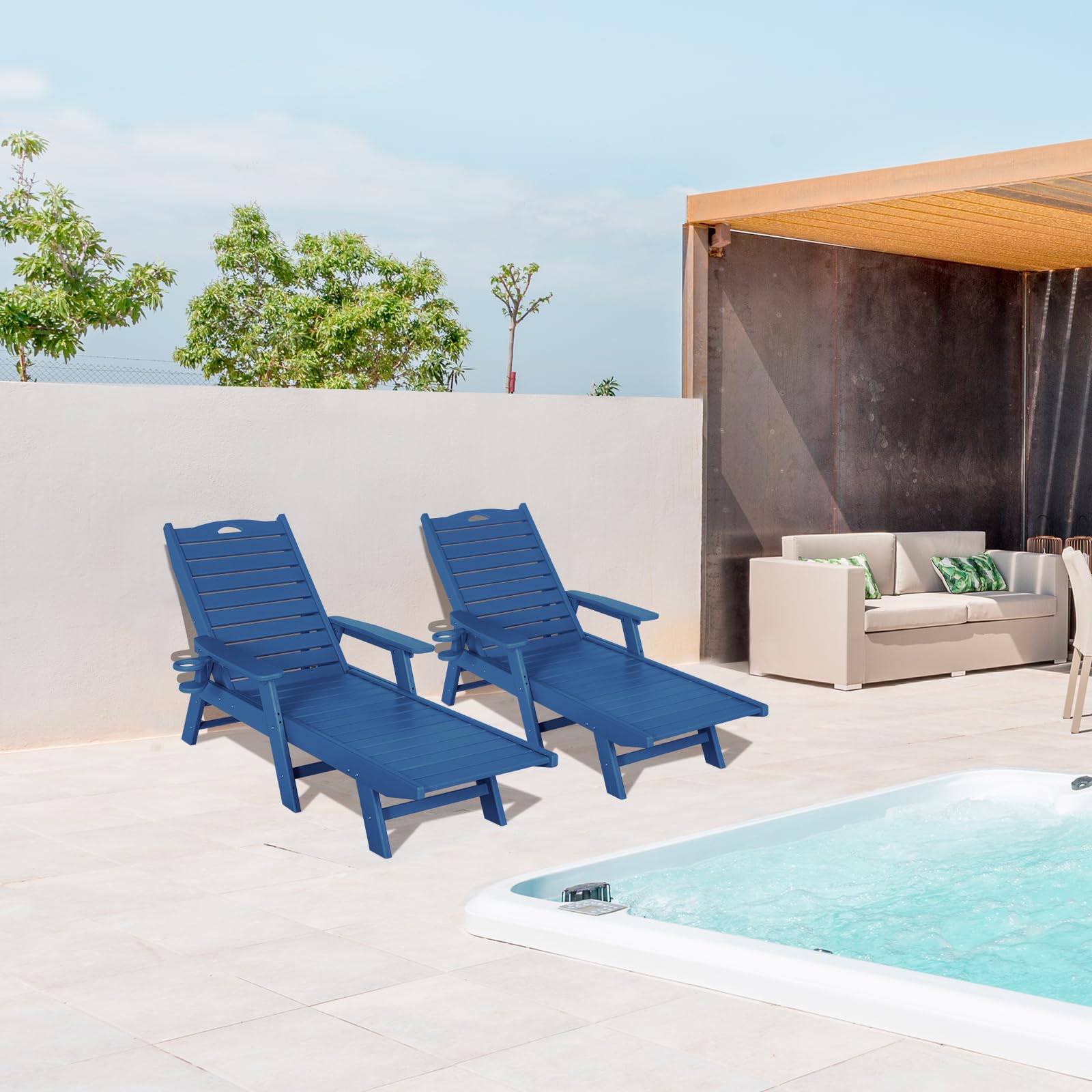 5-Position Adjustable HDPE Chaise Lounge Chair for Outdoor, Patio, Poolside & Beach - Supports 400 LBS - Navy Blue - Perfect for Sunbathing, Relaxing by the Pool or Backyard Lounging