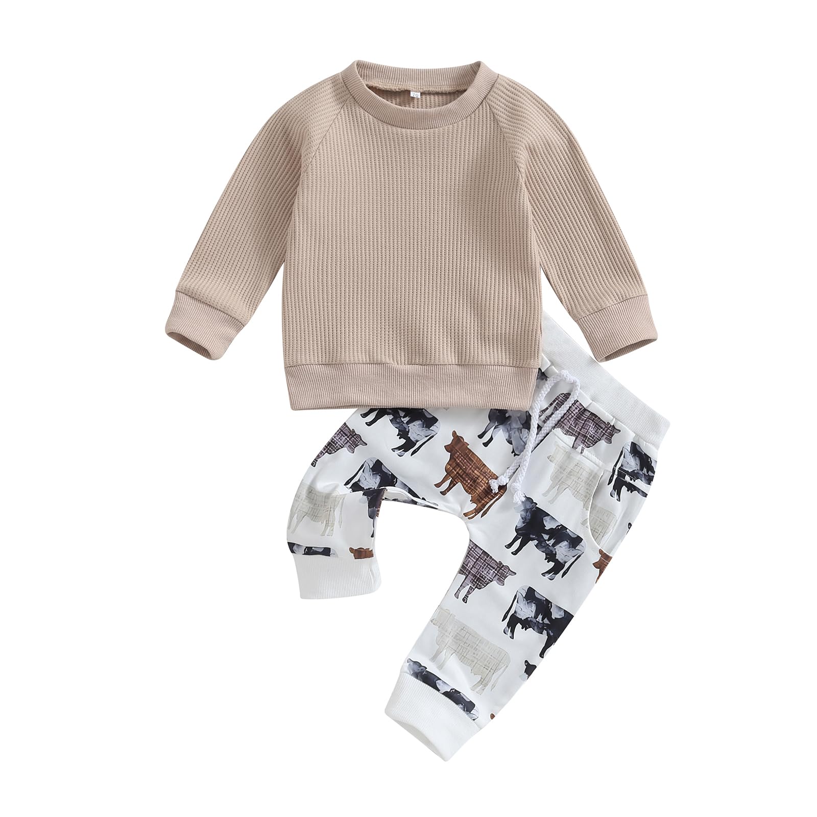 Muasaaluxi Western Cow Print Baby Boy Outfit - Long Sleeve Waffle Crewneck Sweatshirt & Jogger Pants Set for Fall Winter | Cute Cowboy Style for Photoshoots, Birthday Parties & Holiday Dressing
