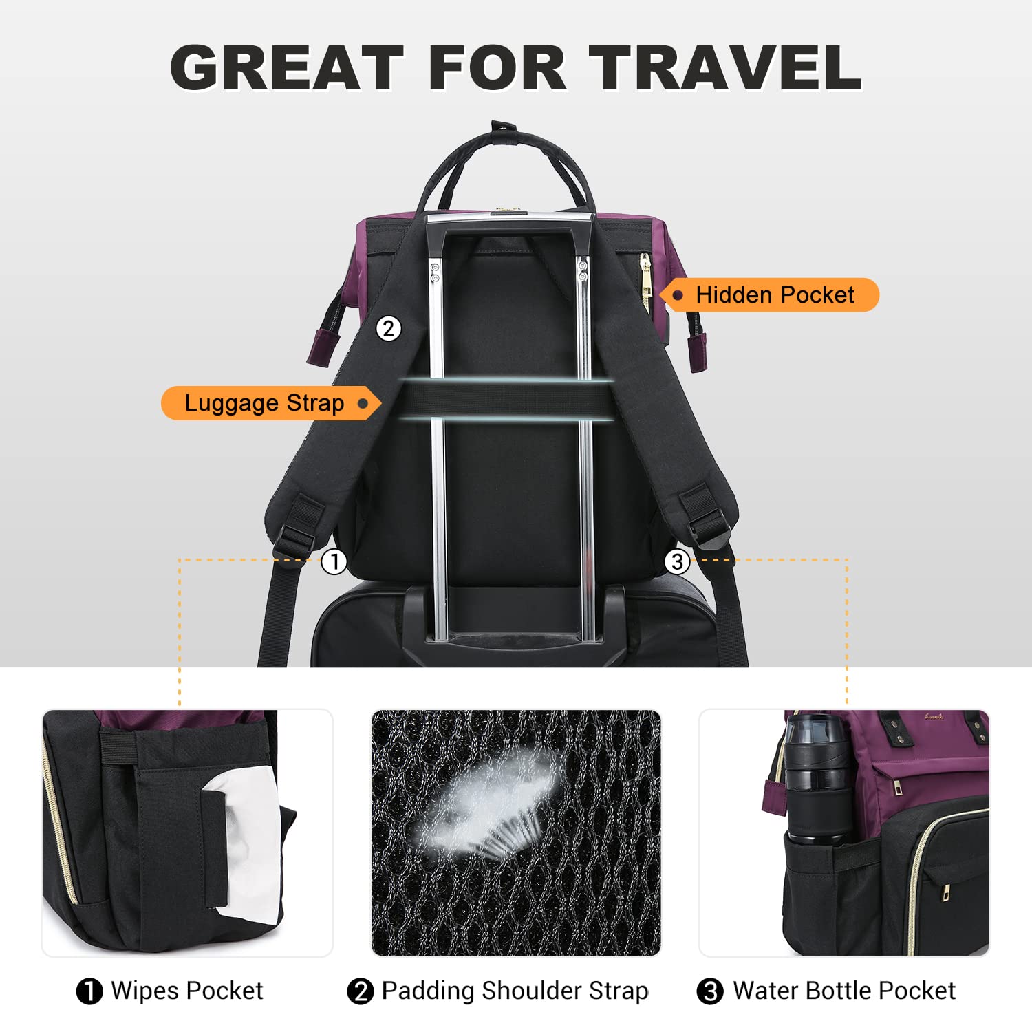 LOVEVOOK Women's Fashion Business Laptop Backpack with USB Port - 15.6-Inch Travel, Work, and School Bag in Dark Purple-Black for Professionals and Students