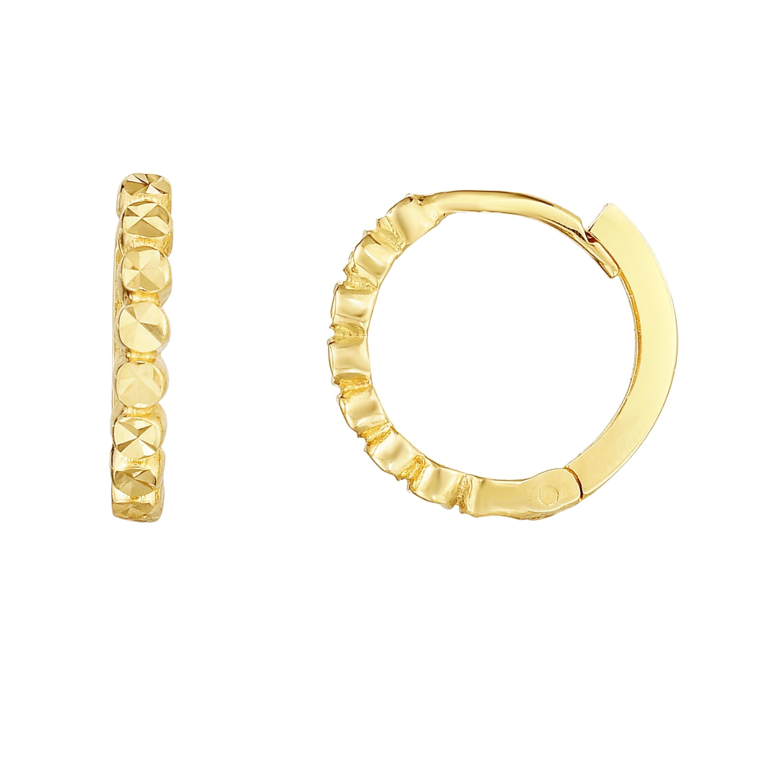 14K Gold Diamond Cut Round Huggie Hoop Earrings for Women - 12mm Small Everyday Hoops, Dainty Minimalist Jewelry for Work, Date Night & Gifts