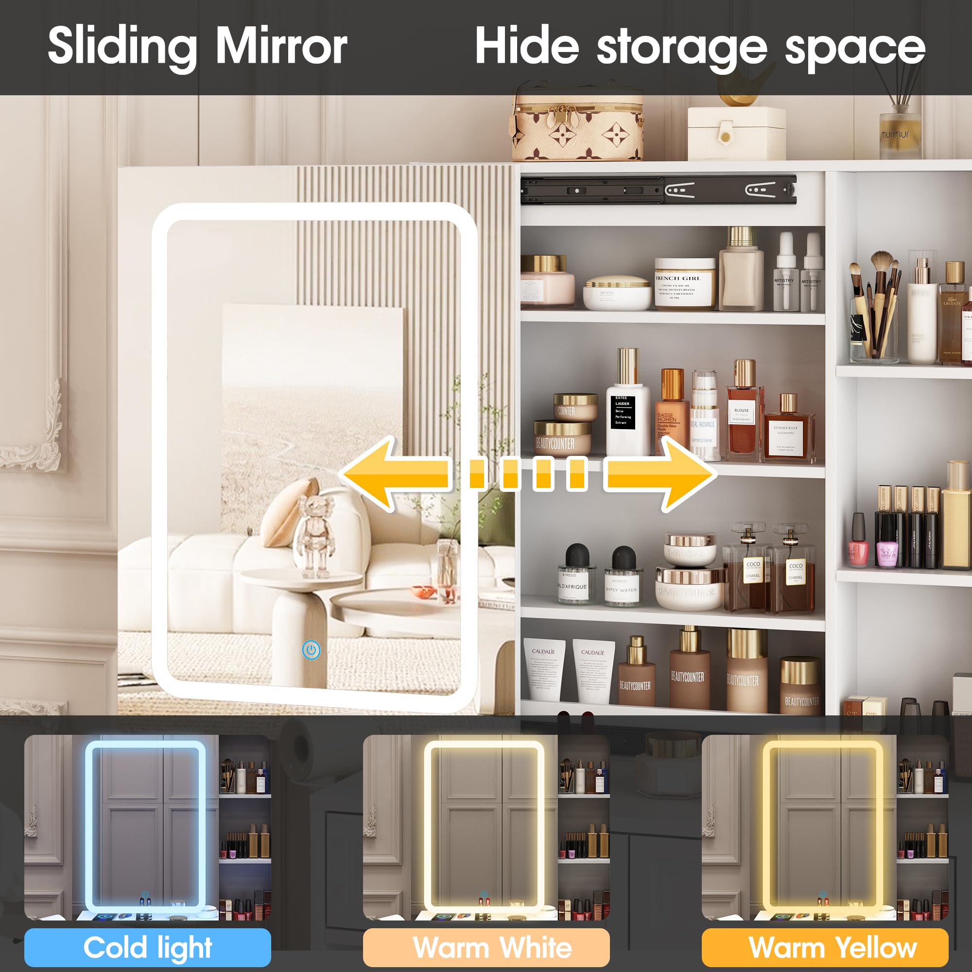 LED Makeup Vanity Desk with Sliding Mirror & Jewelry Cabinet - Adjustable Brightness Dressing Table with 4 Drawers, Charging Station & Storage Shelves - Includes Cushioned Stool Set for Bedroom, Salon & Home Beauty Station