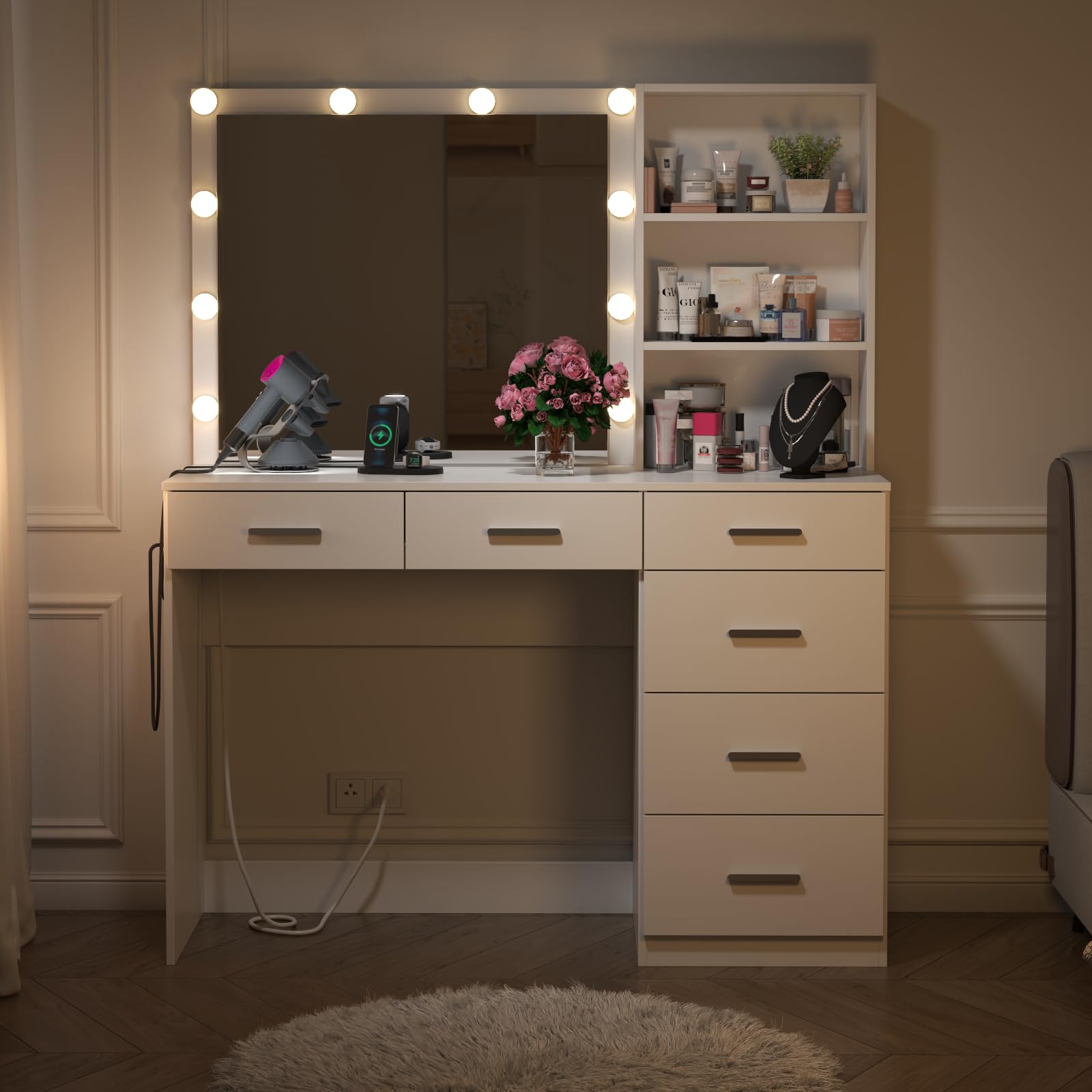 39 Inches White Vanity Desk with LED Lights & 6 Drawers - Makeup Dressing Table with Power Strip, Storage Shelves & Lighted Mirror for Women & Girls - Perfect for Bedroom, Dorm Room & Beauty Salon