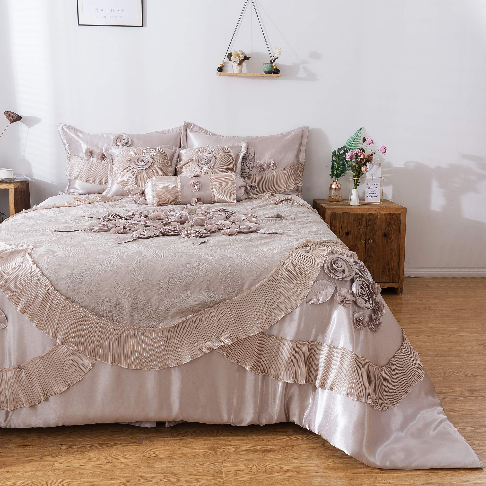 Tache Satin Silky Floral Lace Ruffle Comforter Set - 6pc Victorian Royal Glam Champagne Beige Down Alternative Bedding for California King | Perfect for Master Bedroom, Guest Room & Luxury Hotel Decor