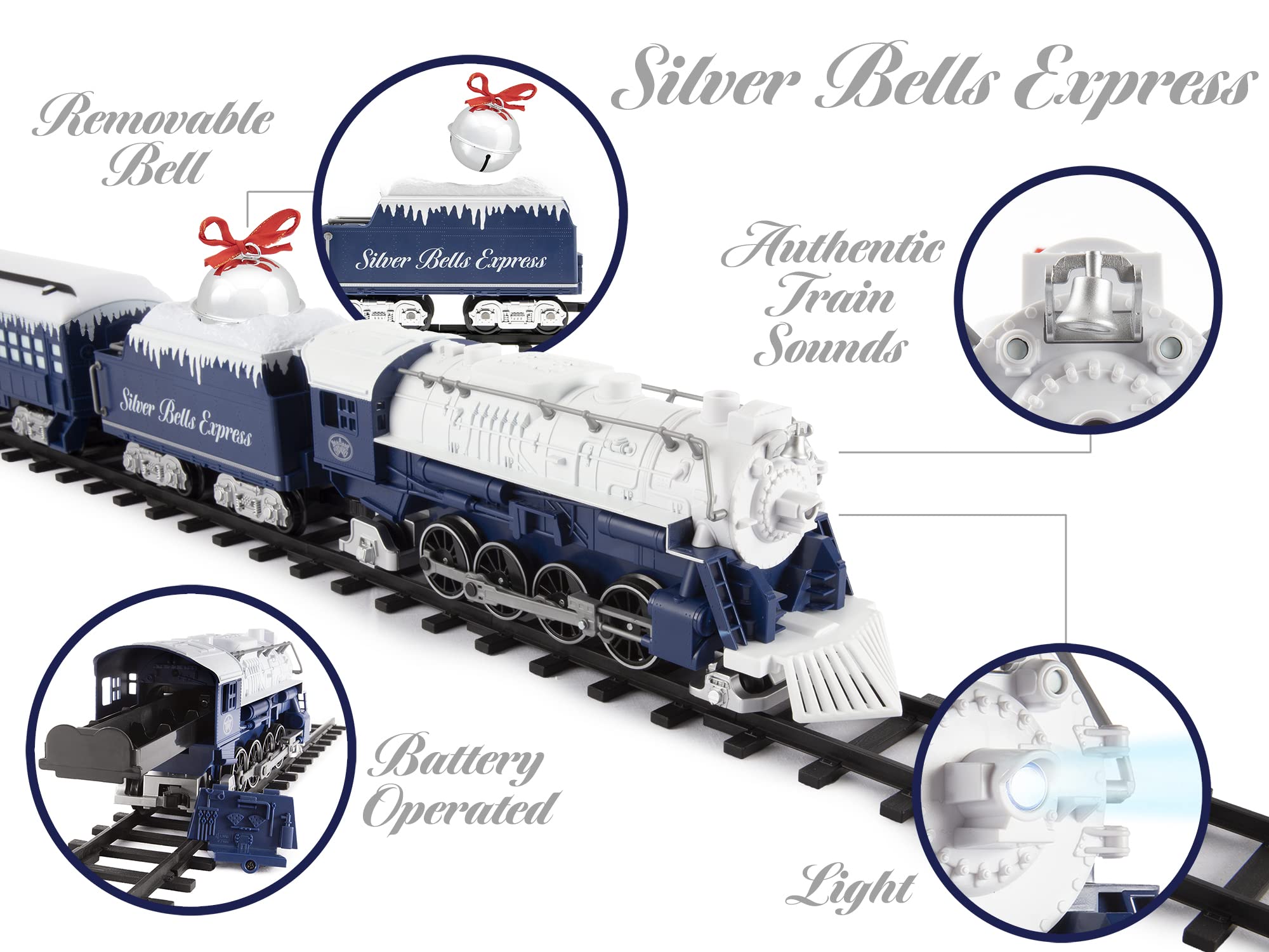 Lionel Battery-Powered Silver Bells Express Electric Train Set with Locomotive, 4 Train Cars, Oval Track & Remote Control - Realistic Train Sounds & LED Lights for Kids Ages 4+ | Christmas Decor, Holiday Display & Children's Educational Toy