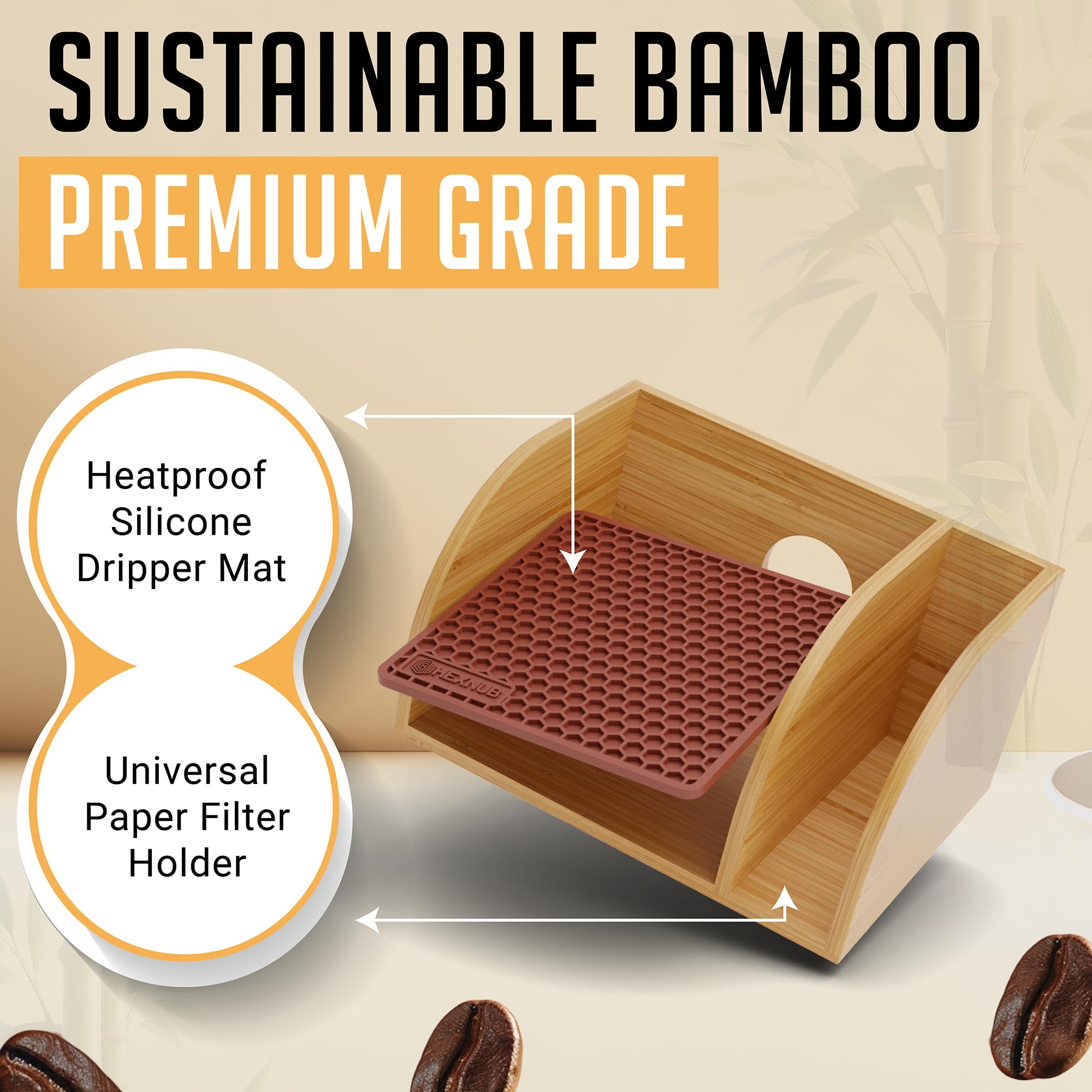 HEXNUB Bamboo Coffee Dripper Stand - Universal Holder for Chemex, Bodum, Cosori Pour Over Coffee Makers with Heatproof Base | Perfect for Home Brewing, Specialty Coffee Shops & Barista Stations
