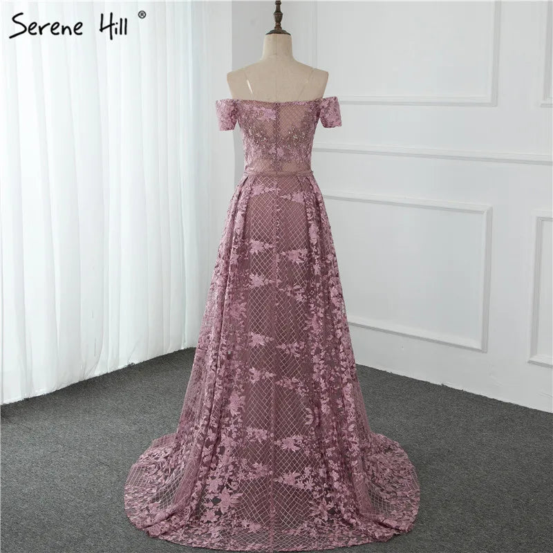 Elegant Pink Mermaid Evening Dress with Floral Lace & Crystal Details - Off Shoulder Short Sleeve Gown for Parties, Weddings & Special Occasions - Serene Hill LA70200