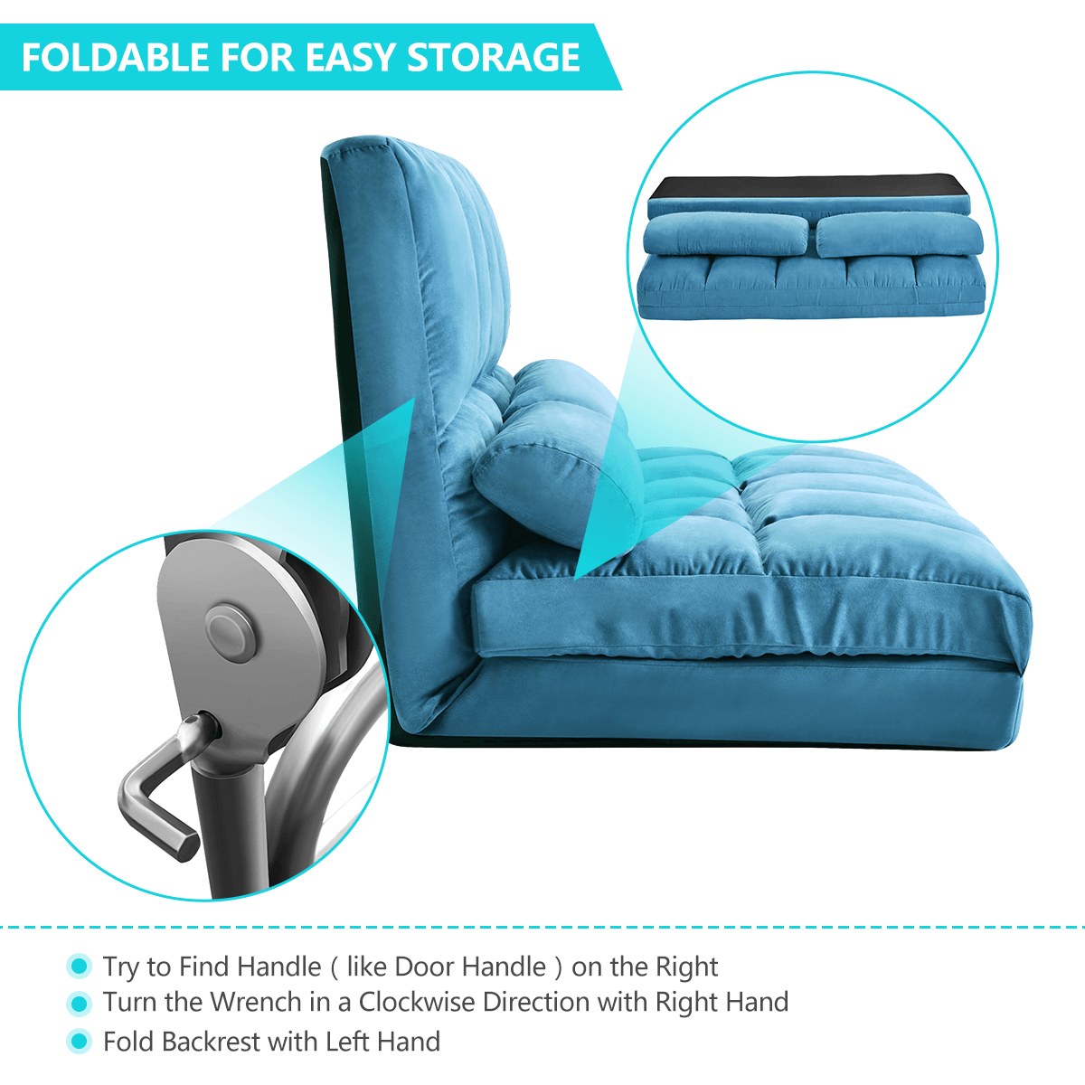Double Chaise Lounge Sofa - Floor Couch with 2 Pillows, Blue - Perfect for Living Room, Bedroom & Home Theater Relaxation