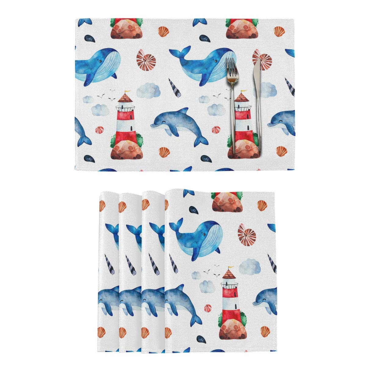 Whale Dolphin Seashells Lighthouse Double-Sided Non-Slip Placemats - Set of 4 Heat Resistant Polyester Table Mats for Kitchen & Dining Room Decor | Perfect for Beach House, Coastal Theme Dining, and Ocean Lover Home Decor