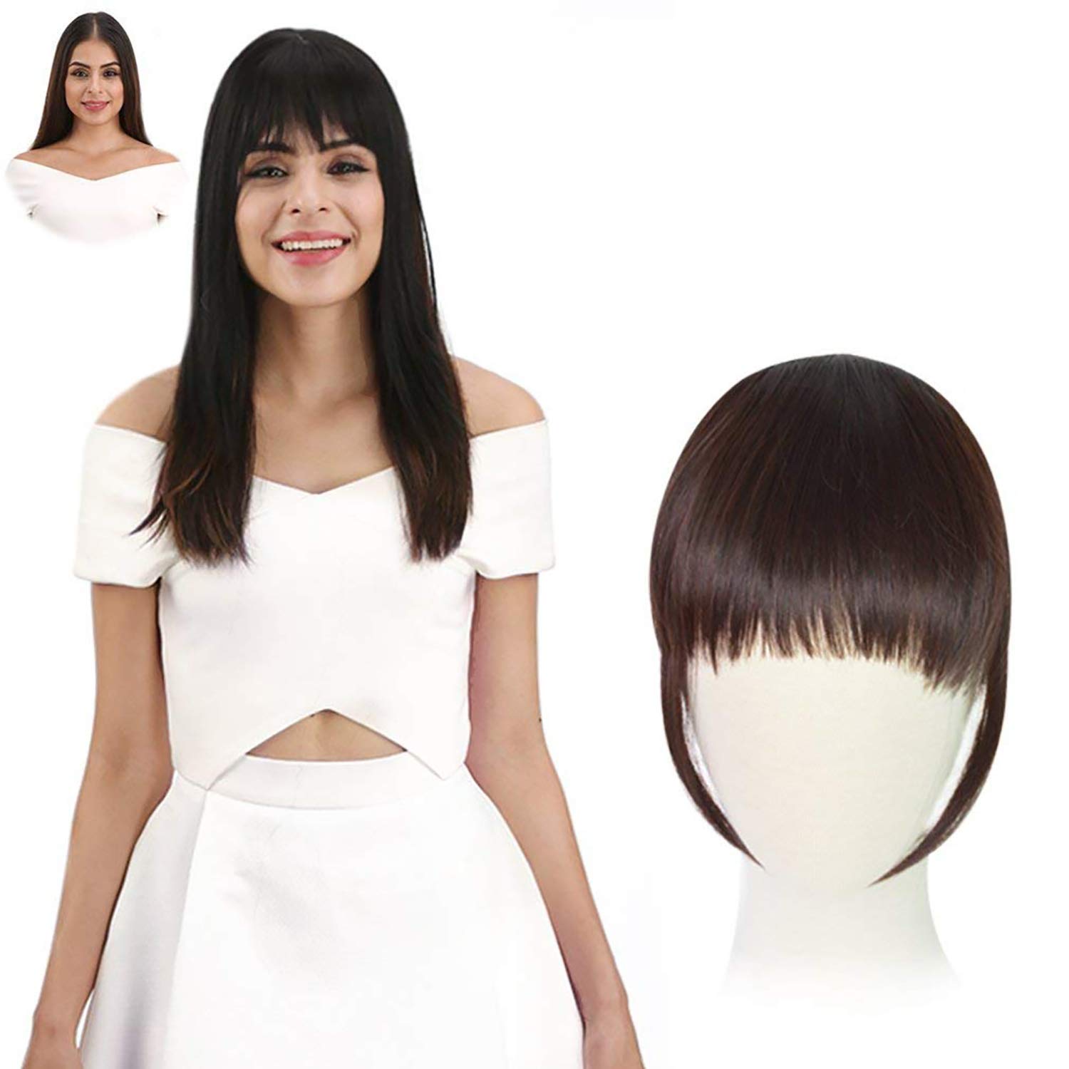 Clip On Synthetic Hair Bangs for Women - Dark Brown Front Fringe Hair Extensions (15g) - Perfect for Daily Wear, Cosplay & Costume Parties