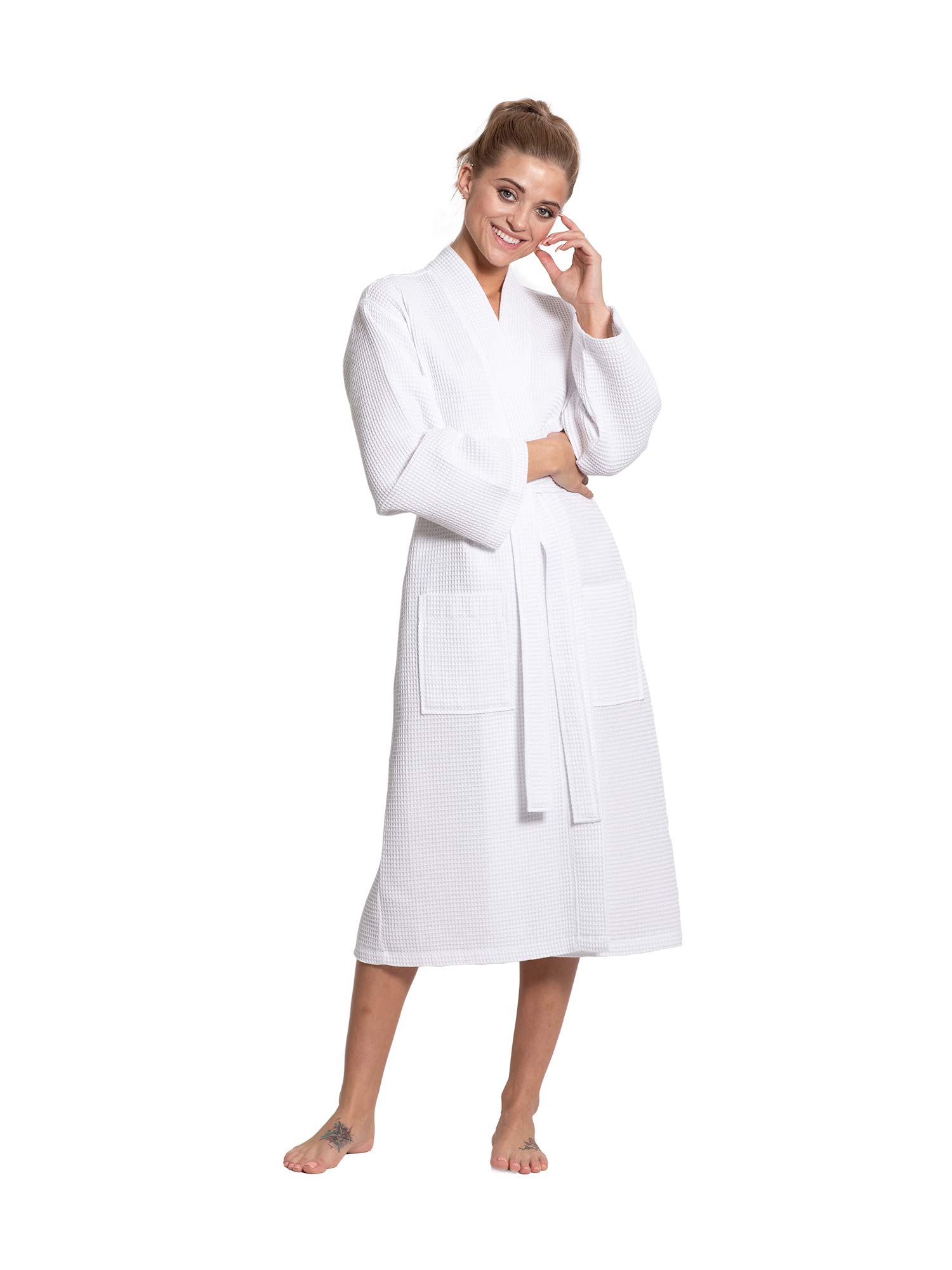 Premium Turquoise Linen Cotton Blend Lightweight Long Waffle Kimono Robe - Soft Bathrobe for Women, Spa Robe, Loungewear, Beach Cover Up, Relaxing at Home