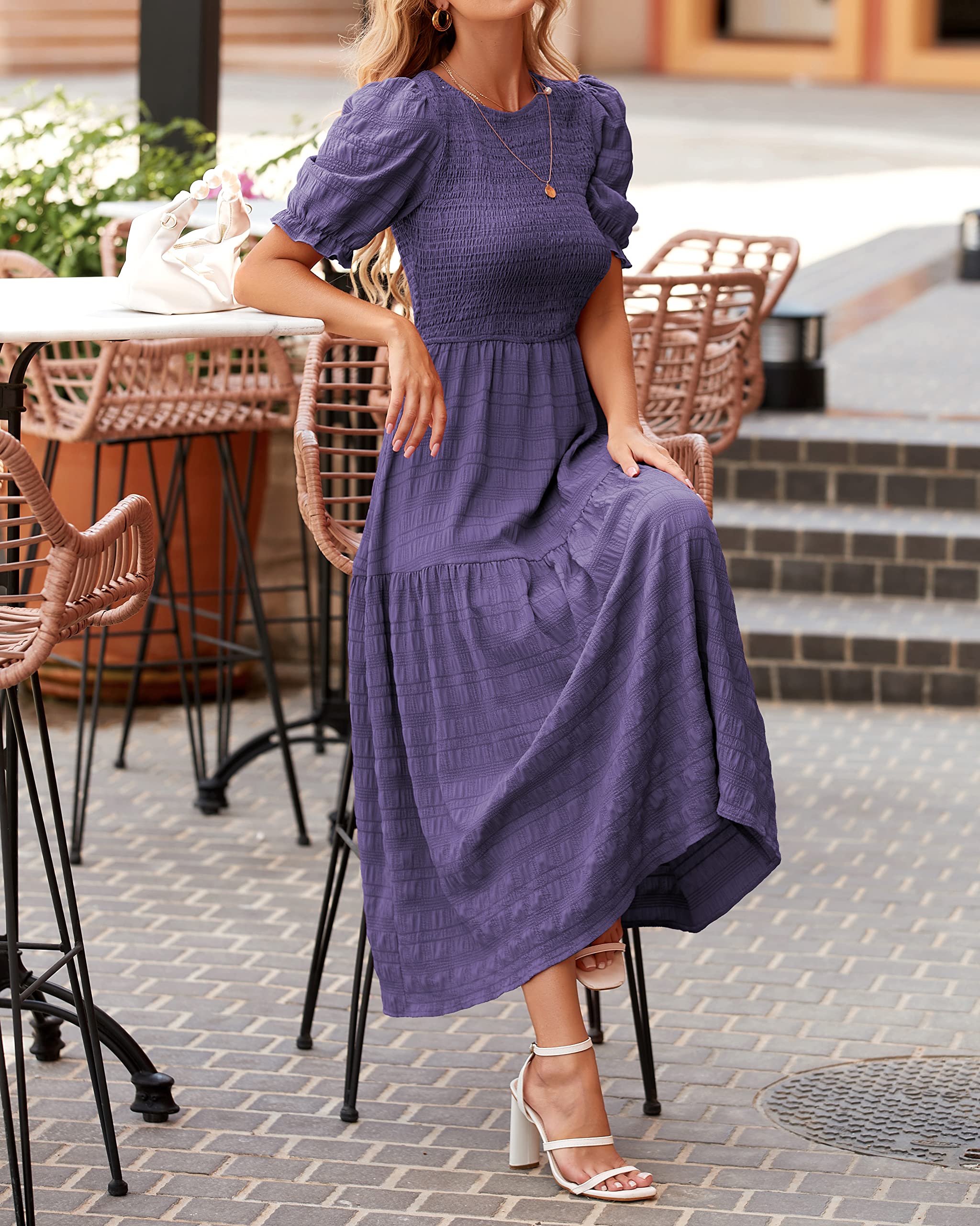 Dowerme Women's Summer Dresses 2025 - Casual Puff Short Sleeve Crewneck Smocked Flowy Ruffle Boho Maxi Sundress for Beach, Party & Vacation | Lightweight & Comfortable