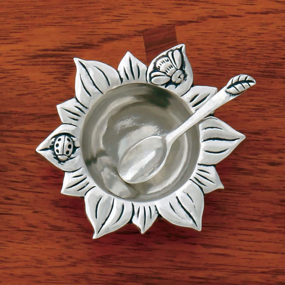 Pewter Sunflower Salt Bowl with Spoon - Bee & Ladybug Design - Spice & Snack Storage Container - Perfect for Kitchen, Dining Table & Nature Lover Gifts