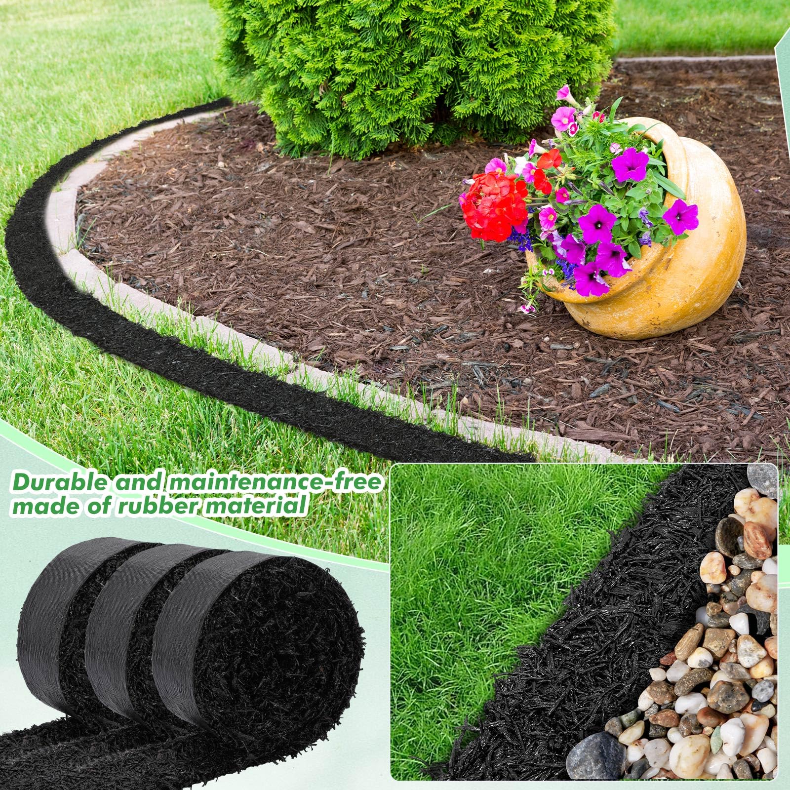 Frienda 4 Roll Recycled Rubber Mulch Mat - Black Permanent Garden Edging Border for Landscaping, Plants, Vegetables & Flowers (140