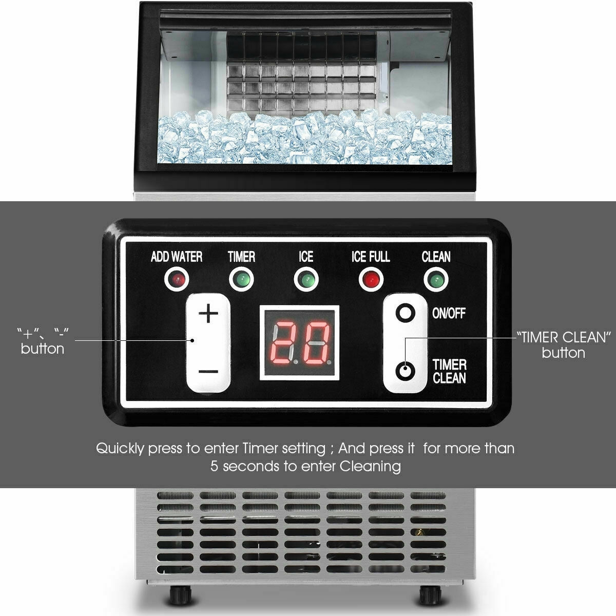 Costway 110 lbs/Day Commercial Ice Maker with 33 lbs Storage Capacity - Stainless Steel Ice Machine for Restaurants, Bars, Cafes & Home Use
